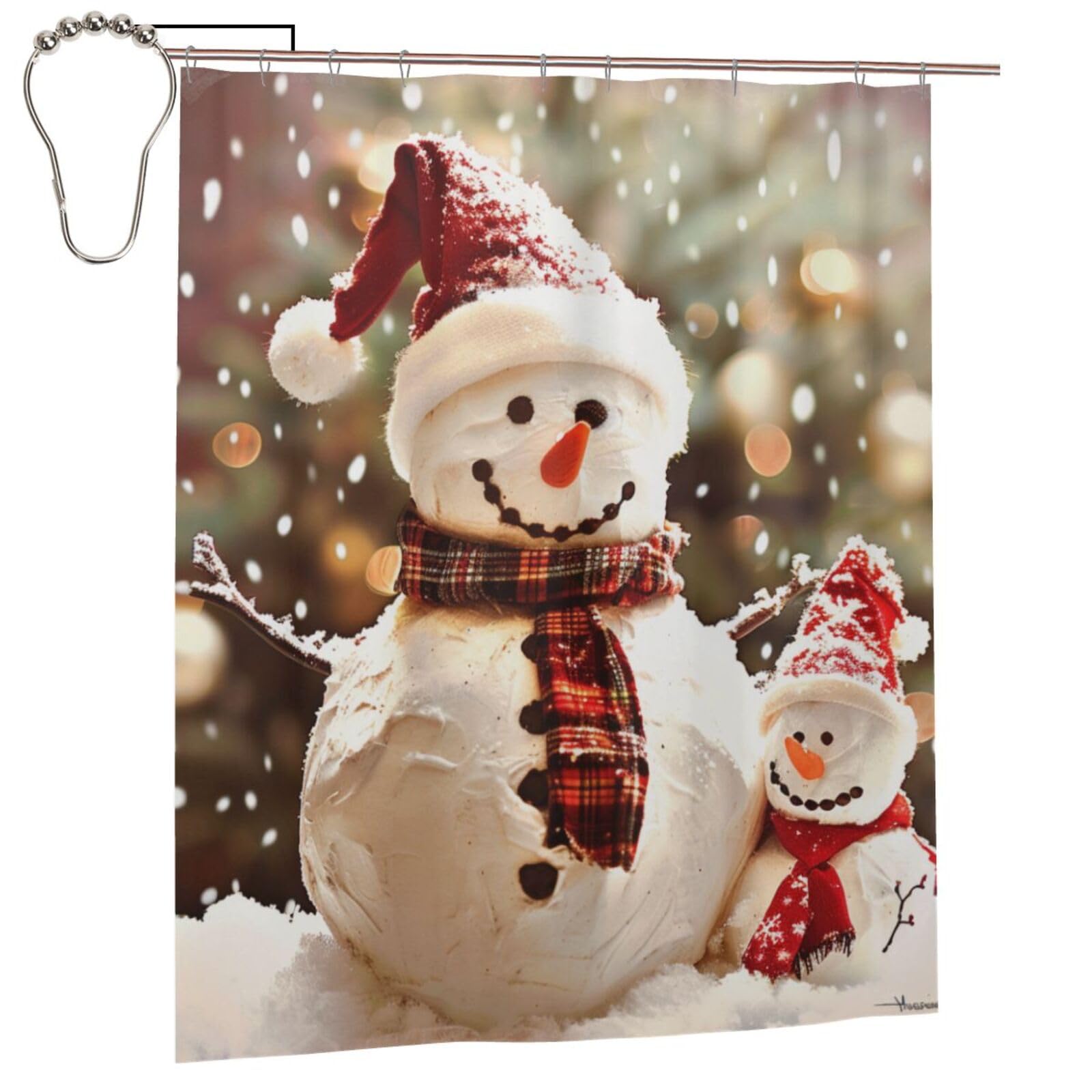 BWWHCCTI Merry Christmas Cute Snowman Printed Shower Curtain With 12 Iron Hooks Opaque Quick Drying Waterproof Shower Curtains Sets For Bathroom 152x183 Cm