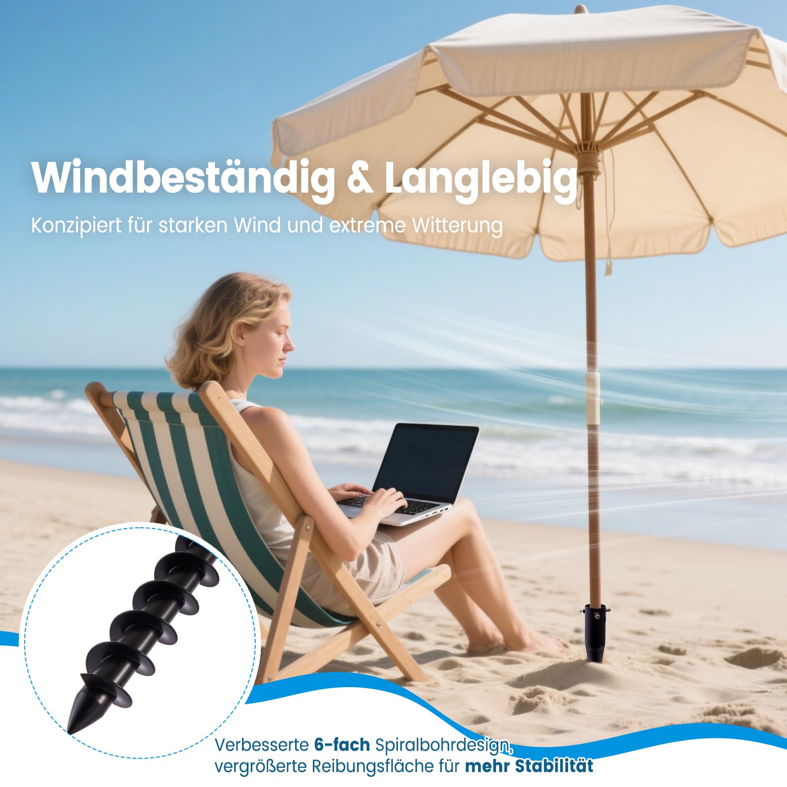 Heavy Duty Erdspieß Hochbelastbarer Sonnenschirmständer & Erdspieß für Wäschespinnen, 6-Fach Spiral Bodenanker für Strandschirme, Angelschirm und Garten, Verstellbaren Knöpfen (2,5–5 cm)