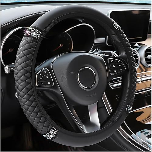 LoyaForba Bling Rhinestone Leather Steering Wheel Cover 15 Inch, Black