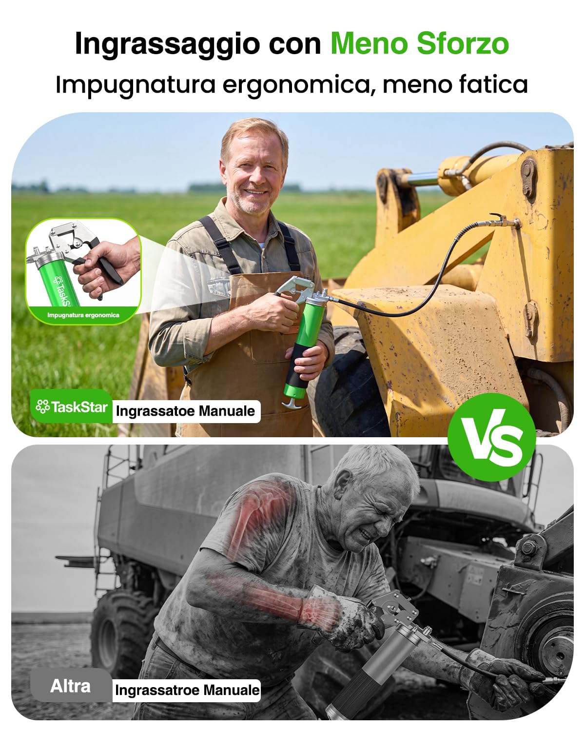 TaskStar Ingrassatore Manuale 8000 PSI, Tubo Flessibile 45cm, 5 raccordi | Capacità 400cc, Raccordo a sgancio rapido, Compatibile Cartucce e Grasso Sfuso, per Auto, Macchinari Agricoli e Officina