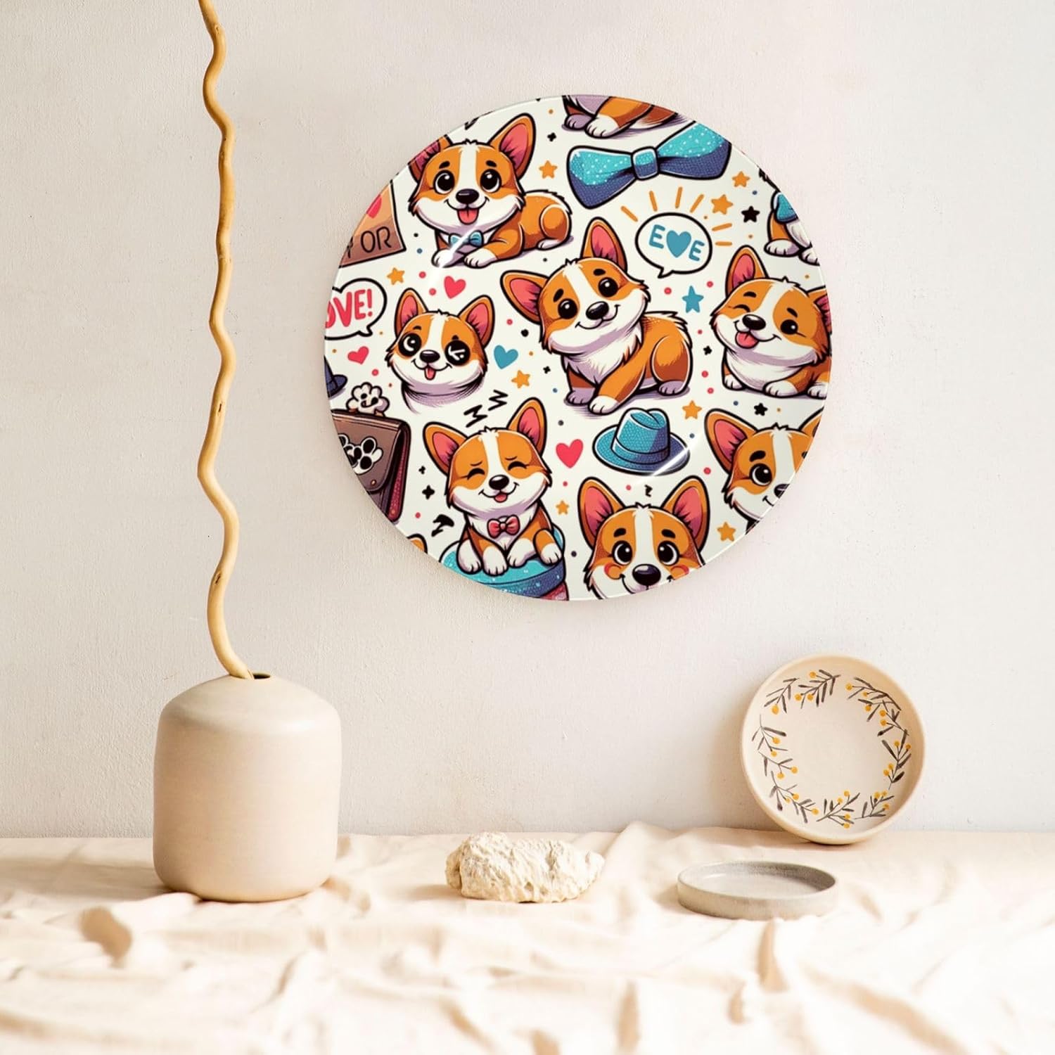 Cute-Corgi-Kawaii 10 Inch Decorative Plate With Stand, Elegant Display Wall Plate For Home Decor