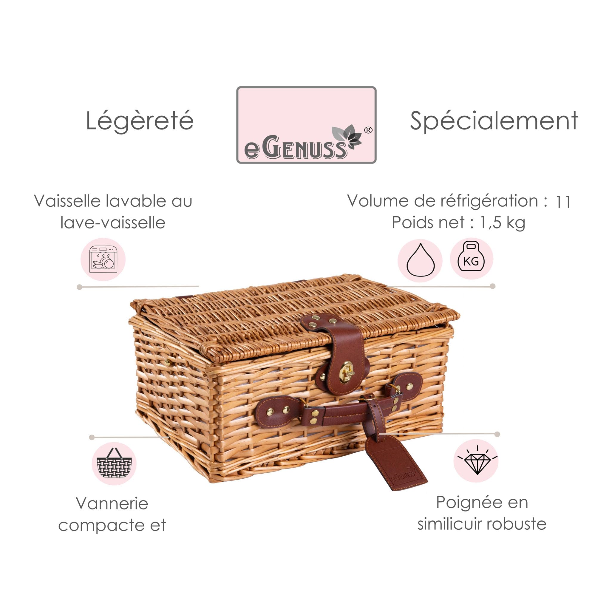Panier de Pique-Nique en Osier Naturel Rouge – 2 Personnes – Service Complet avec Vaisselle en Céramique & Verres à Vin – Grand Compartiment Isotherme