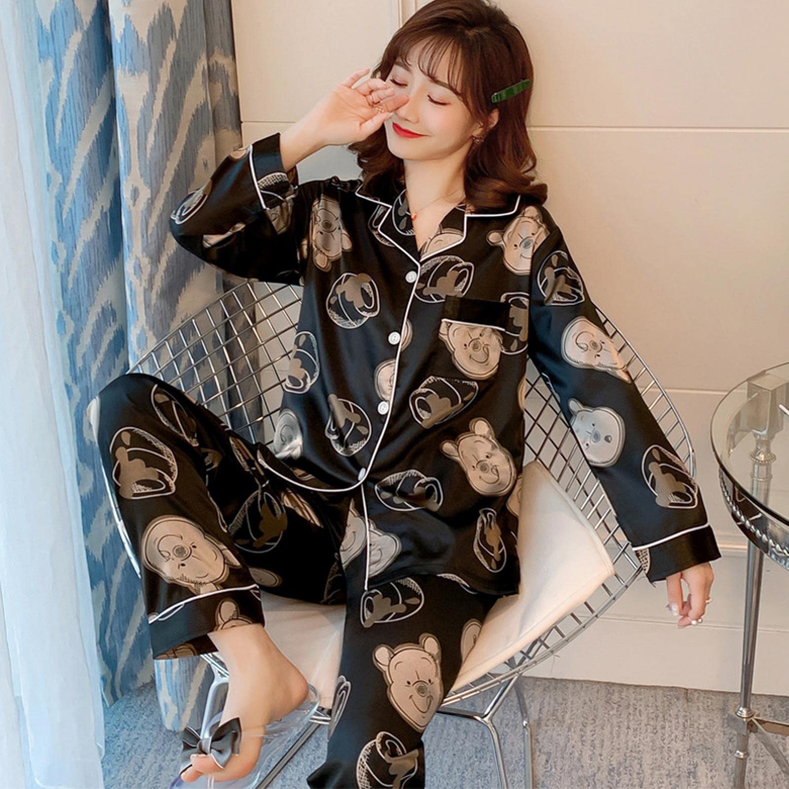 MOGSA Pijama para mujer, conjunto de pijama para mujer, cuello en V, diseño de letras cruzadas, ropa de dormir de seda como ropa para el hogar, talla XXL, ropa de dormir de tamaño grande
