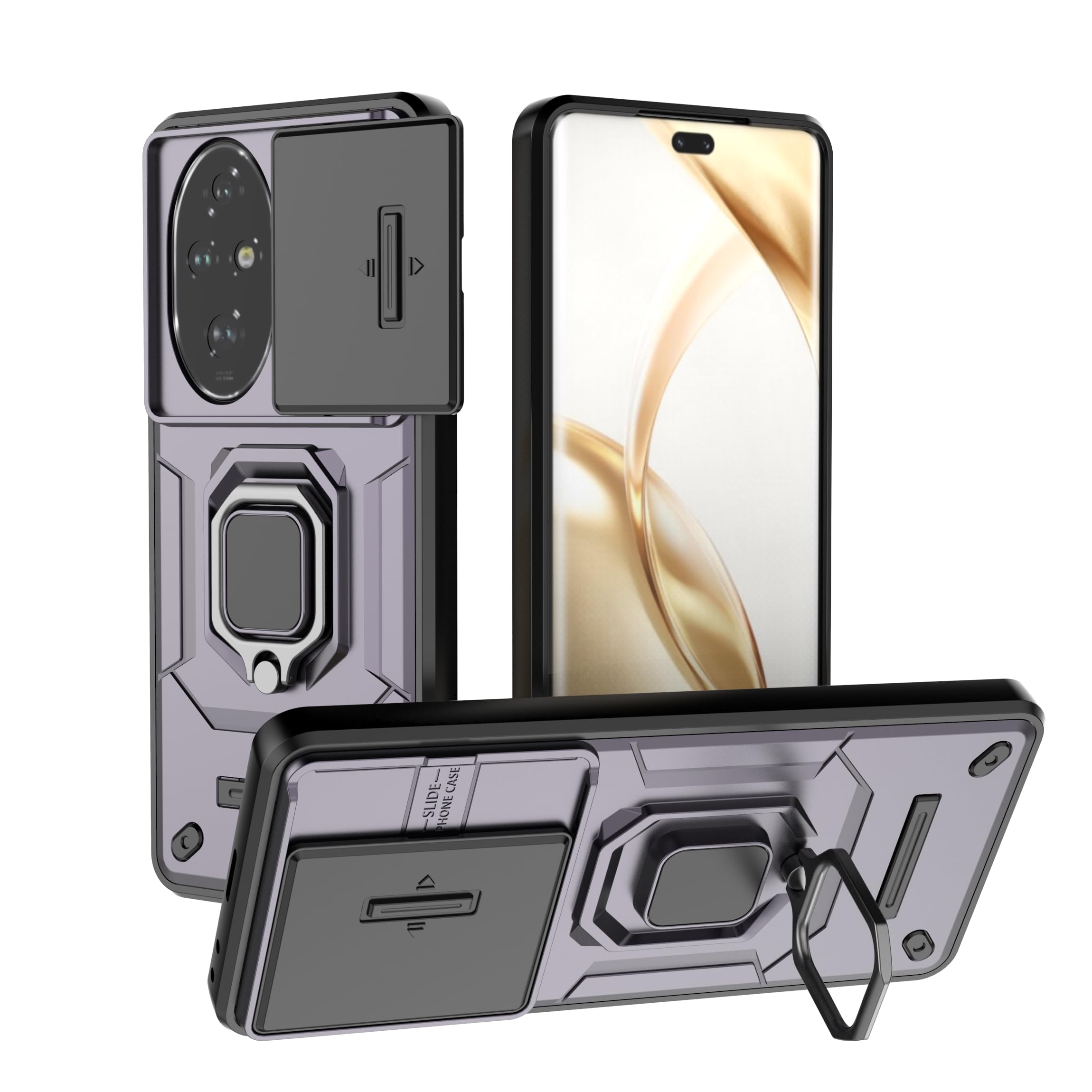 MRRSIWEI For Honor 200 Pro Case With Slide Camera Cover, Military Grade Shockproof Heavy Duty Case With Magnetic Ring Kickstand For Honor 200 Pro- Armor Purple