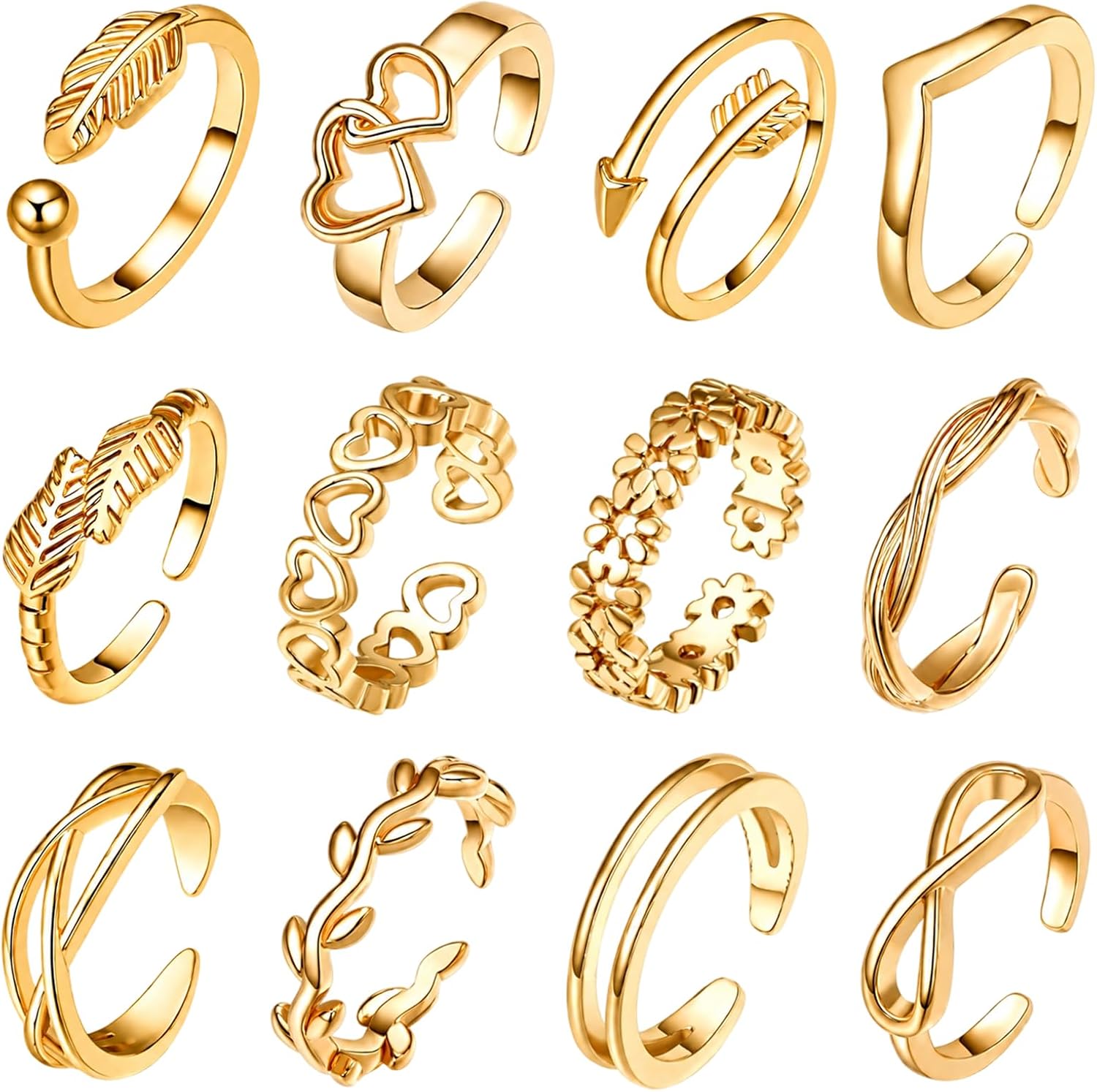 12Pcs Toe Rings for Women, Non Tarnish Gold Toe Ring Set, Adjustable Simple Hug Foot Jewelry Collection for Summer Beach Vacations and Daily Wear