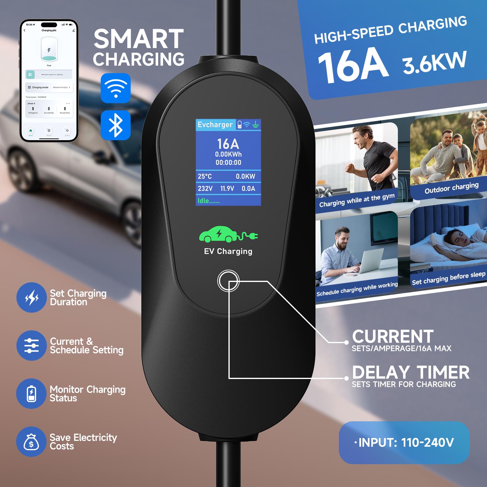Ladekabel Typ 2 Schuko 10M [3.68kW 6-16A 1-Phasig]，Typ 2 Ladekabel Schuko mit App, Ladekabel Elektroauto Typ 2 Schuko Einstellbare Strom & Verzögertes Laden