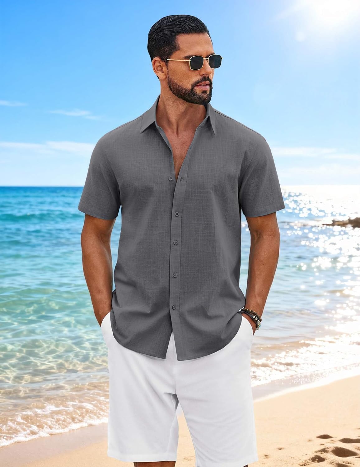 COOFANDY Mens Button Down Shirts Short Sleeve Casual Shirt Cotton Summer Beach Linen Wedding Shirts - Image 5