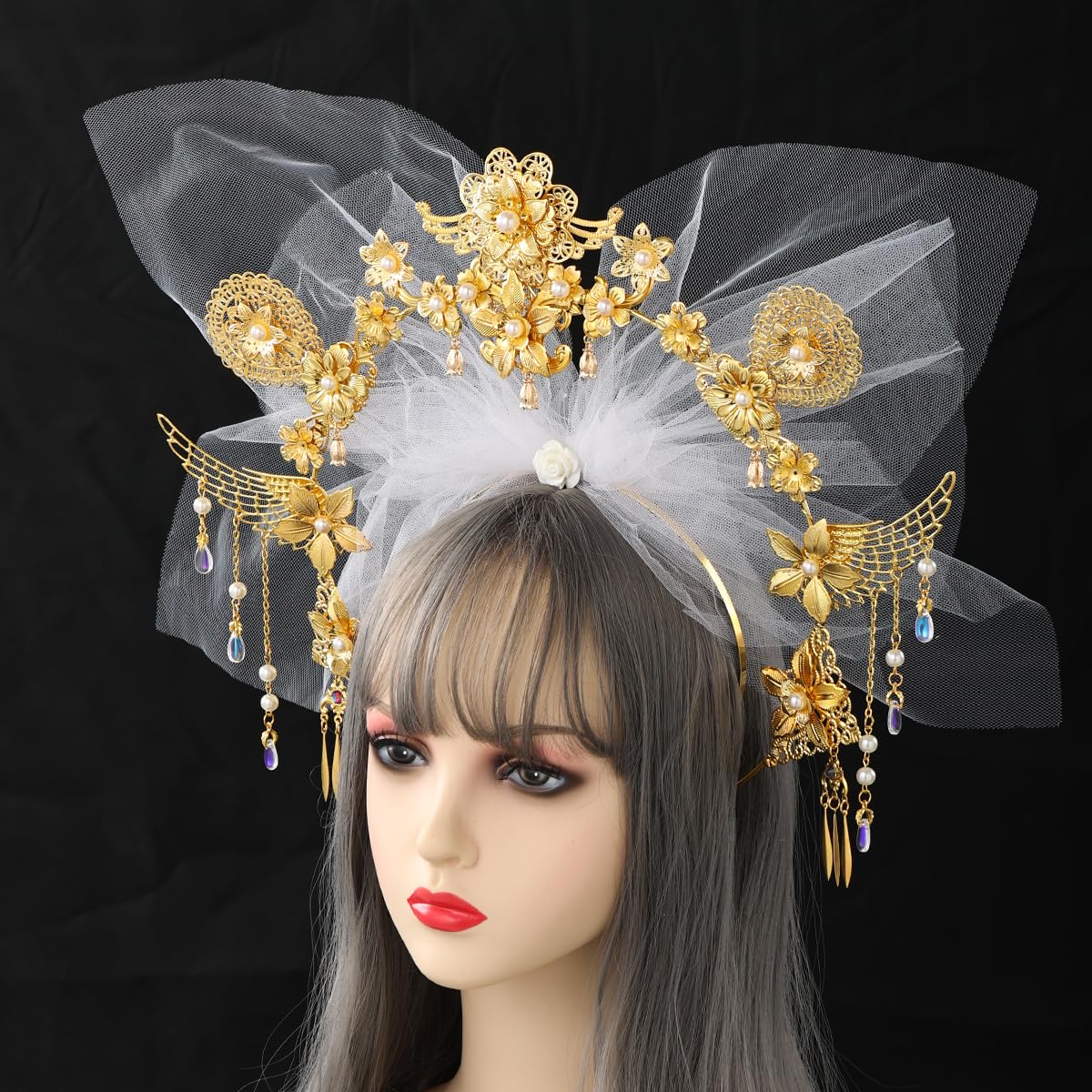 COSDREAMER Virgin halo headpiece crown Silver pearl Women's Masquerade Crown Sunburst Halo Crown Headband Women's Headband Party Costume Accessories (White) - Image 3