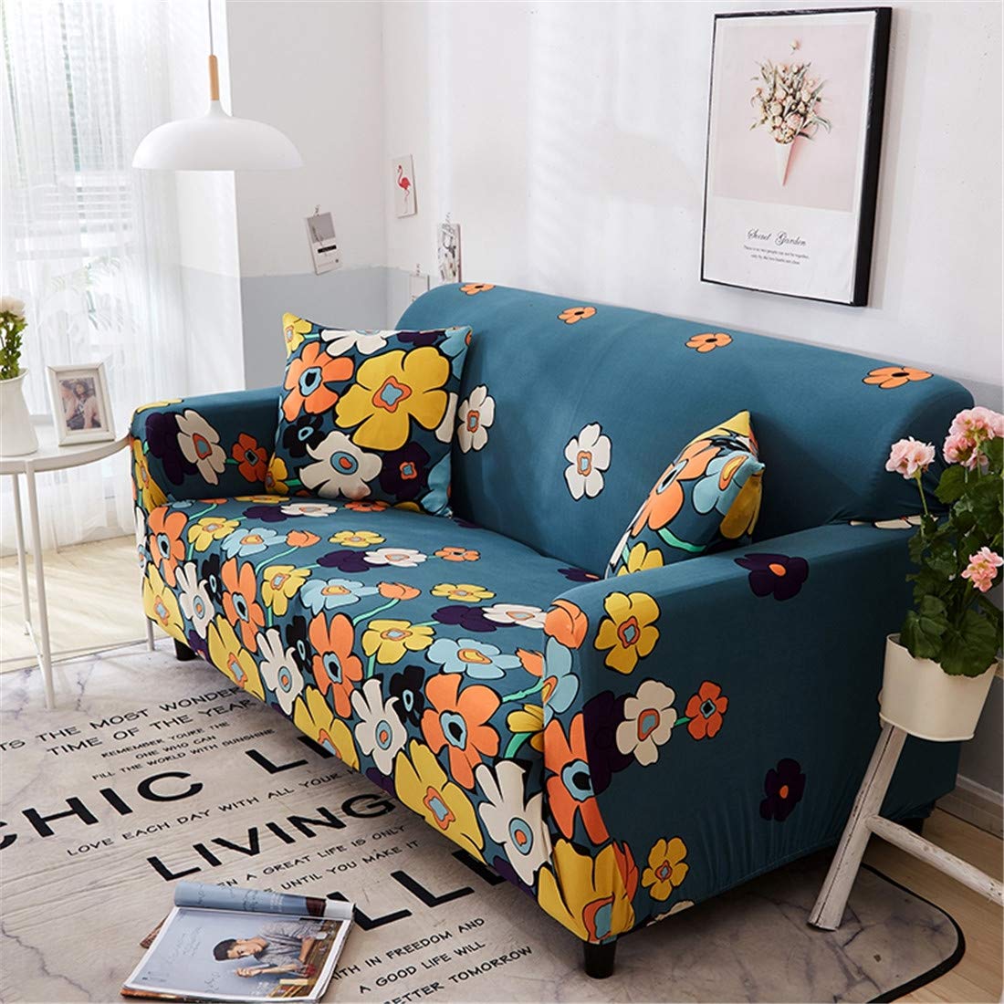 Chickwin Sofa Slipcover, Elastic Fabric Couch Protector Slip Cover Washable Furniture Protector (2 seater: sofa length 145-185cm,flower)