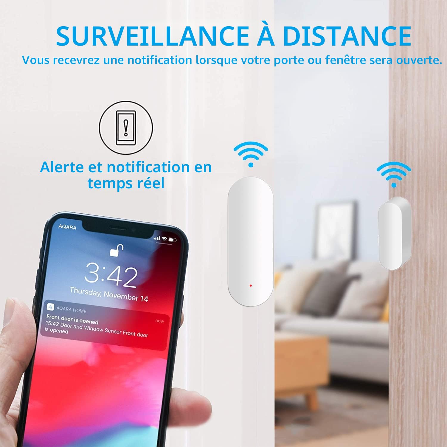 Capteur de Porte WiFi Capteur de Contact Intelligent pour fenêtre Alarme sans Fil Compatible avec Alexa et Google Assistant Pas Besoin de hub 2 Pack