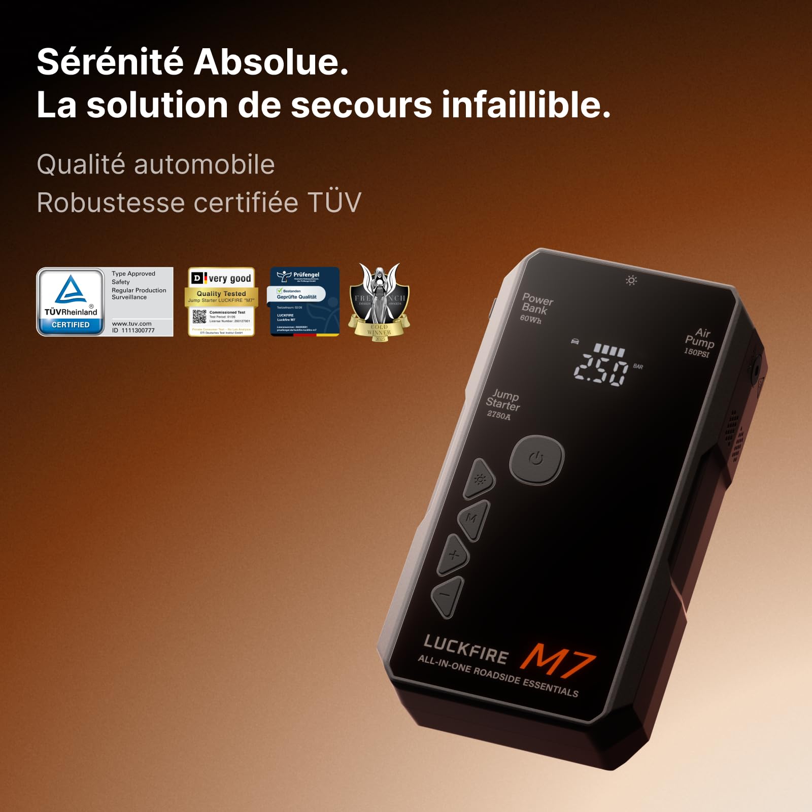 M7 Certifié TÜV Booster Batterie Voiture, SmartIgnition 12V Compresseur à Air Portatif, Gonfleur Pneus Voiture avec Batterie Externe 60Wh, pour Moteurs 10L Essence et 8.5L Diesel
