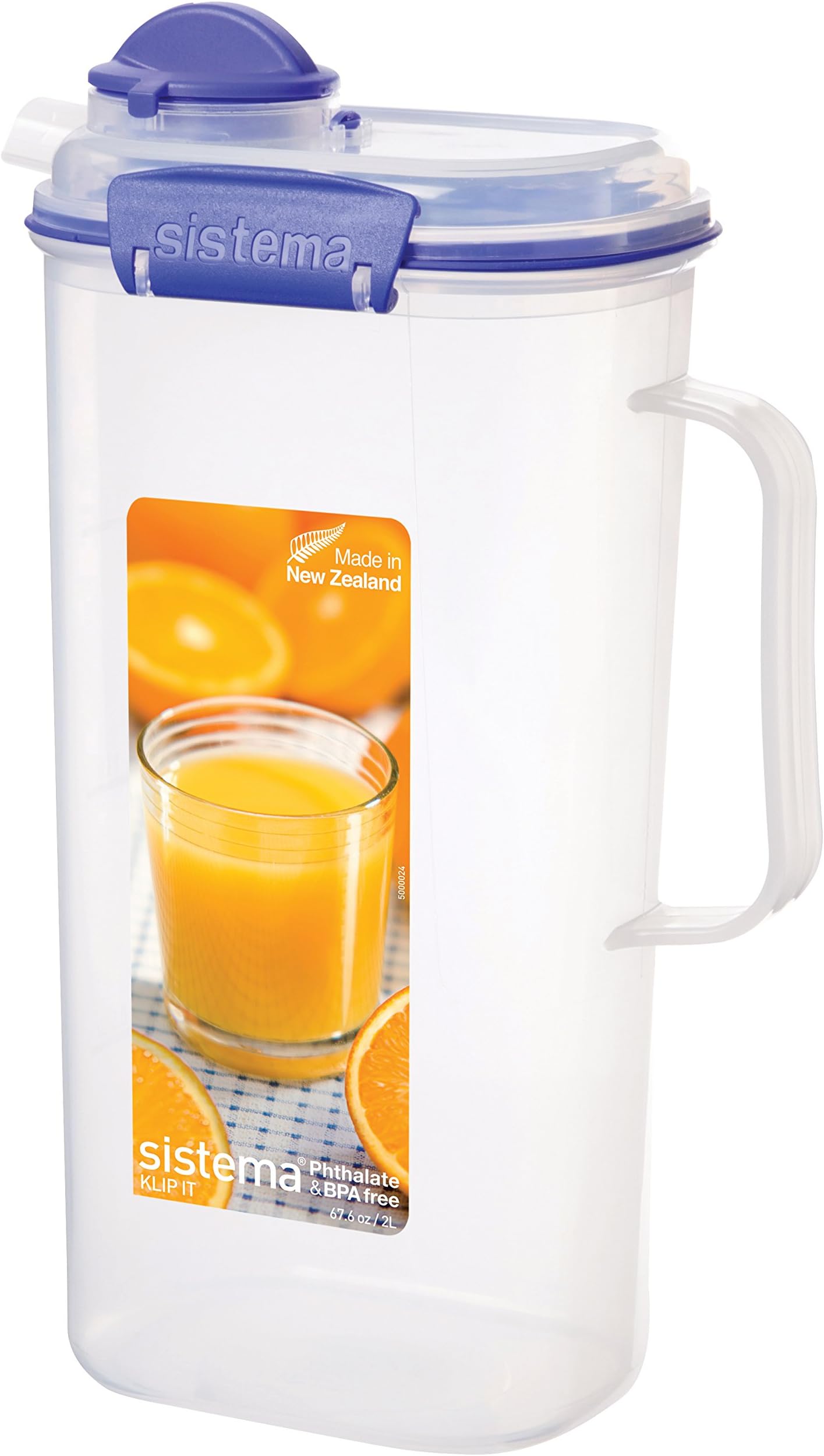 Sistema 1420ZS KLIP IT Juice and Water Pitcher | 2 L | Non-Drip Juice Jug with Easy Pour Spout | BPA-Free | Clear/Blue
