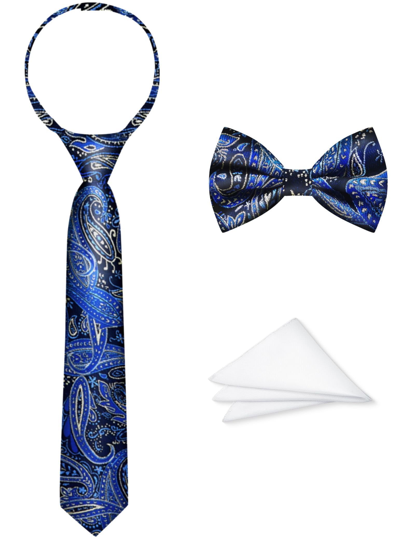 Boys Tie Set, Bow Tie &amp; Pre-Tied Zipper Necktie, Pocket Square