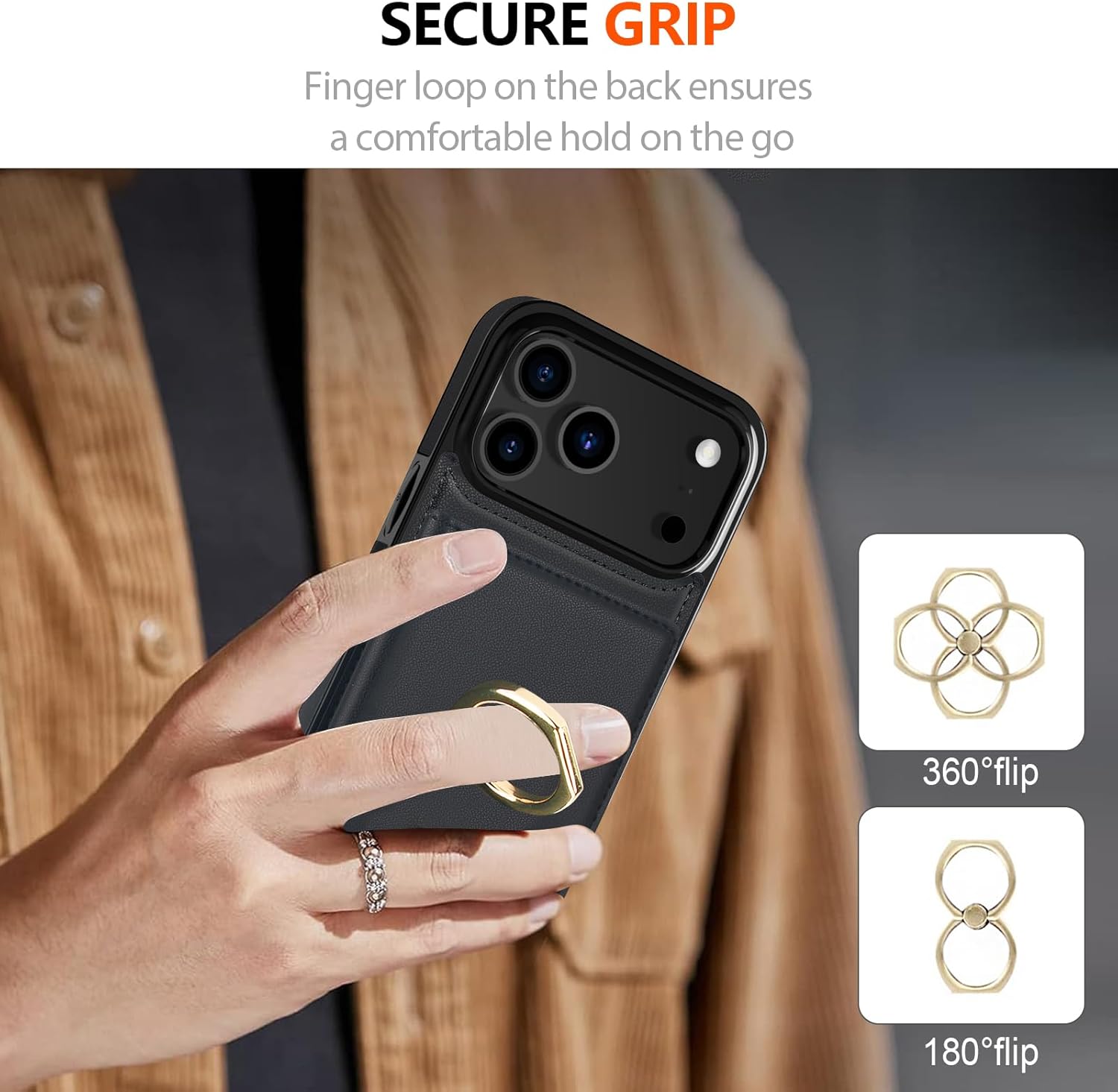 LOHASIC for iPhone 17 Pro Case Wallet with Card Holder, 360° Rotation Ring, RFID Blocking, 5 Card Slots, PU Leather 6.3" Cover for Apple 17 Pro Men Women, Black