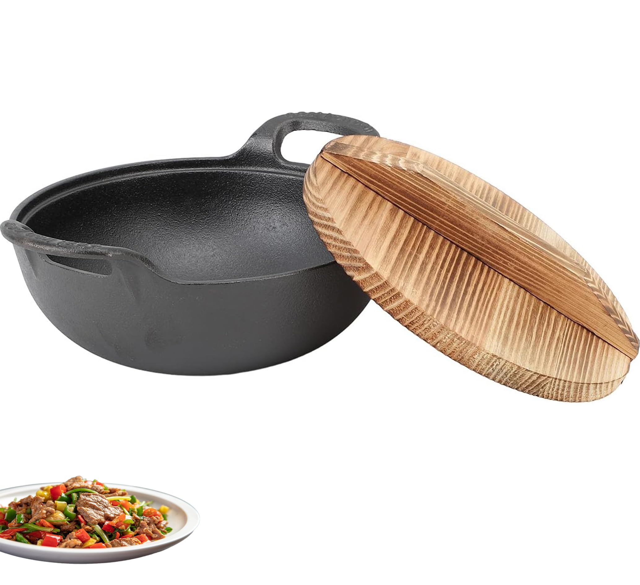 Wokpfanne GusseisenWok mit 2 Griffen, Holzdeckel, holidyoyo gusseisen Bratpfanne mit flachem Boden, WokPfanne mit Deckel unbeschichtet, zum Rhren Frittieren Grillen (20cm)