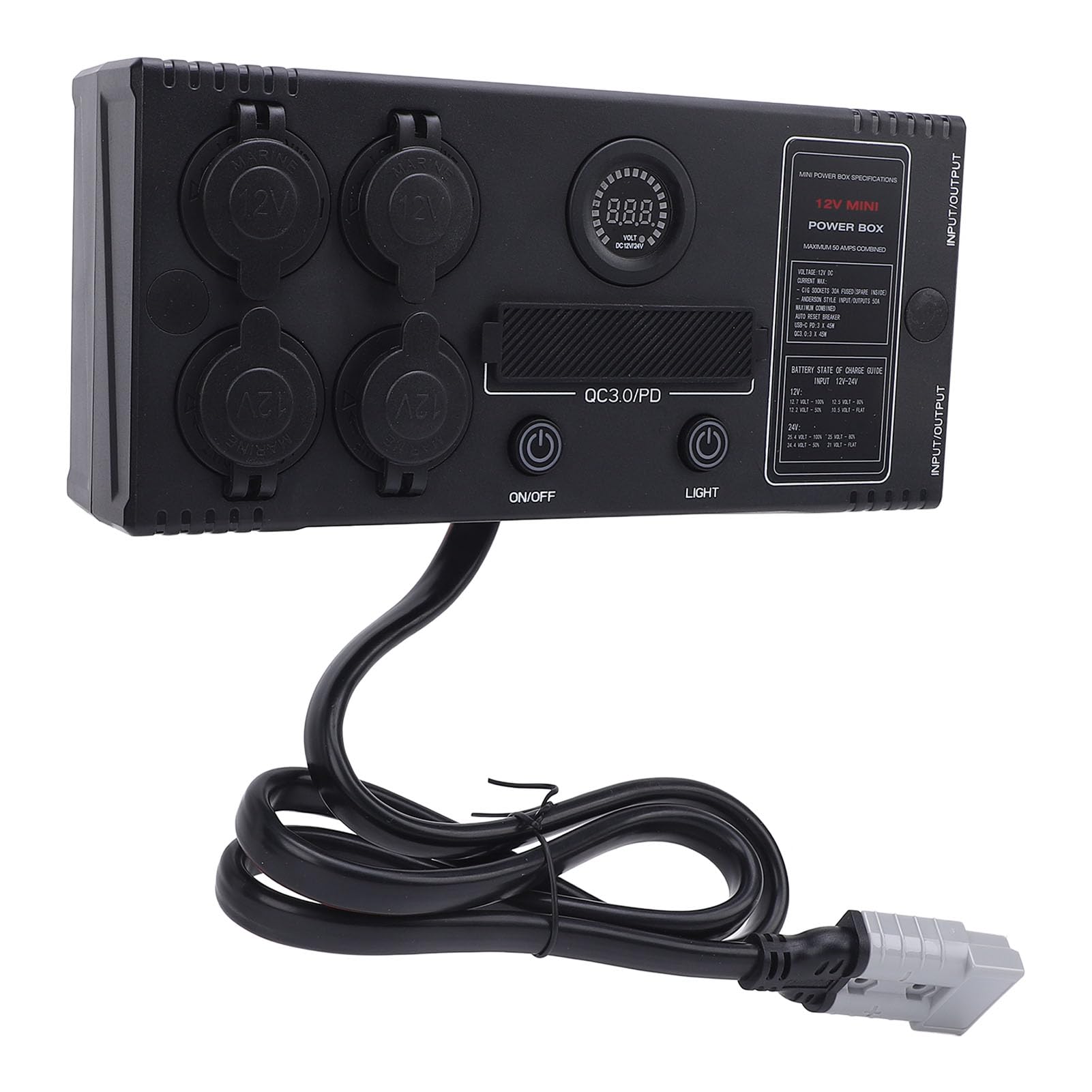 Hub de Control Portátil de 12 V Conector Anderson USB C QC3 0 Carga Rápida con Medidor de Voltaje LED para Respaldo de Emergencia de Barco Solar RV por Tierra