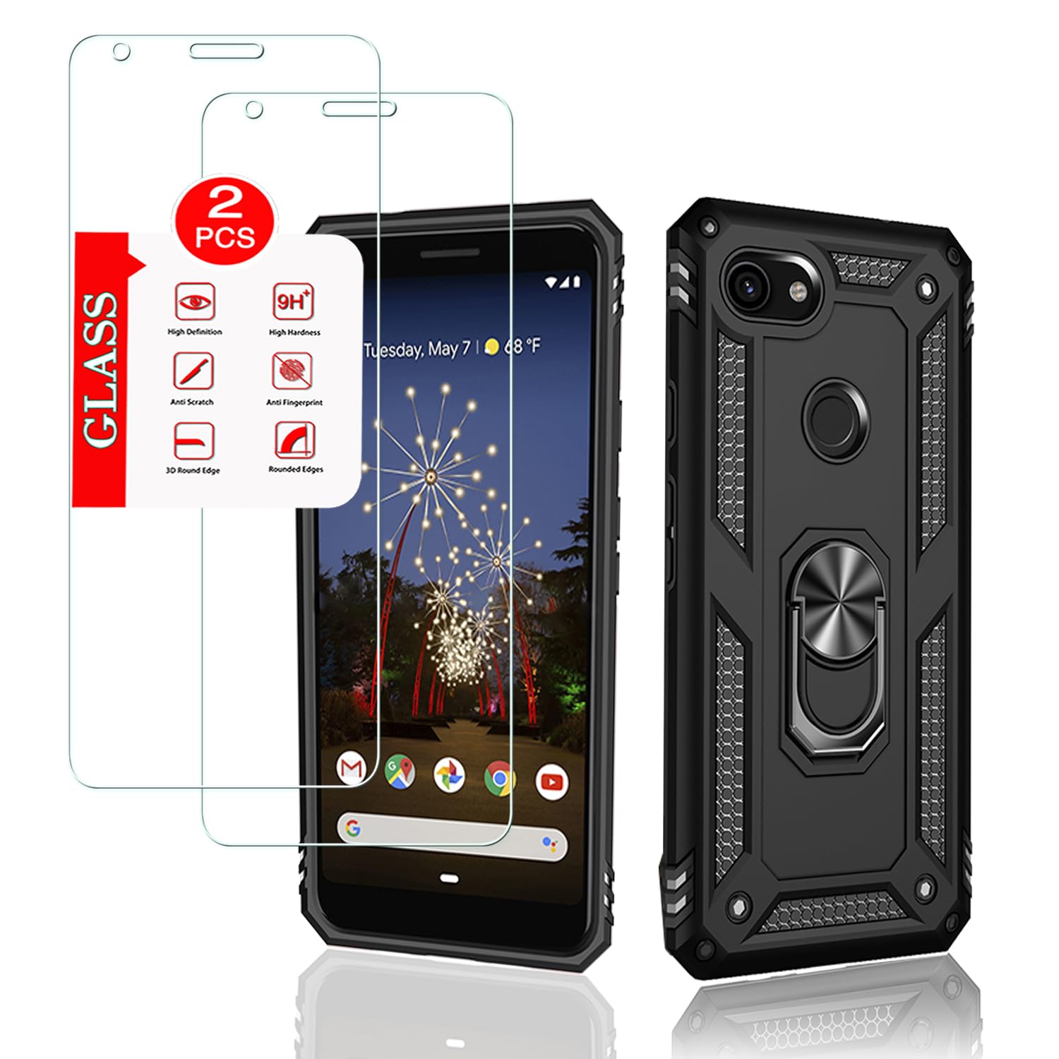 for Google Pixel 3A XL (NOT Fit 3A) Case with [2 Pack] Tempered Glass Screen Protector, for Google Pixel 3A XL Heavy Duty Armor [Military-Grade] Protective，Magnetic Ring Stand Phone Case (Black)