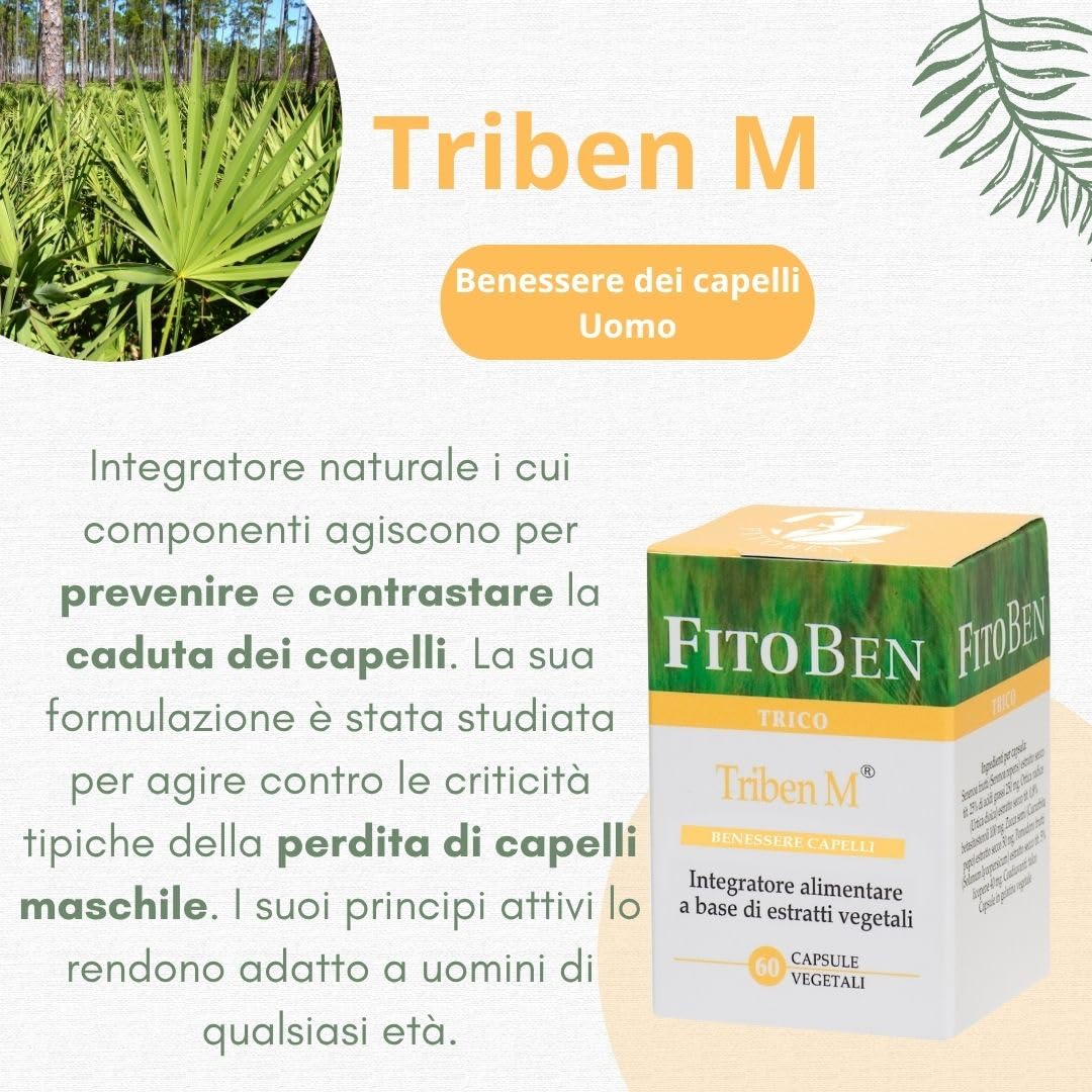 Fitoben | Triben M® Integratore Naturale per Uomo, Previene e Contrasta la Perdita dei Capelli, con Semi di Zucca, Ortica e Serenoa, 60 Capsule vegetali