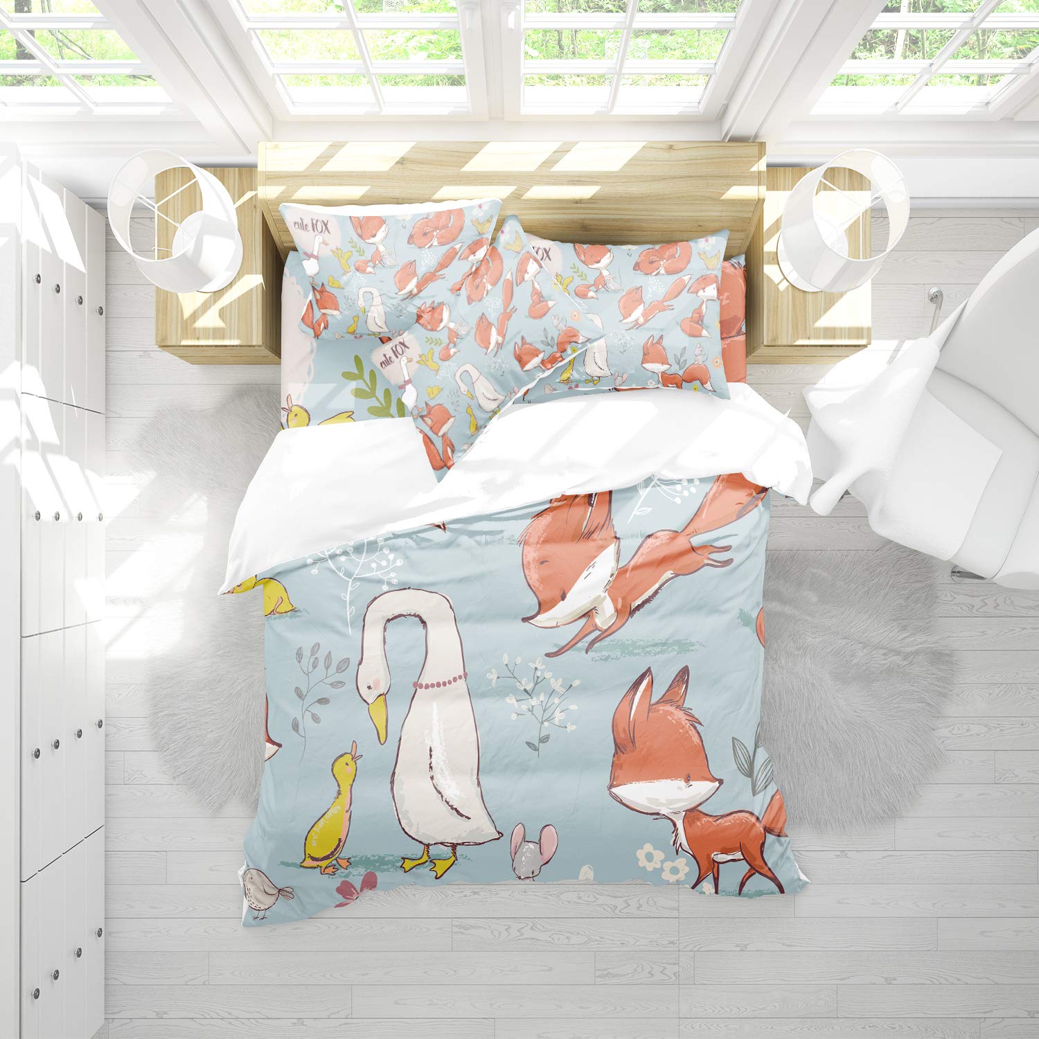 King Size Rabbit & Mushroom Duvet Cover Set - 3 Piece Vintage Forest Bedding With Pillow Shams