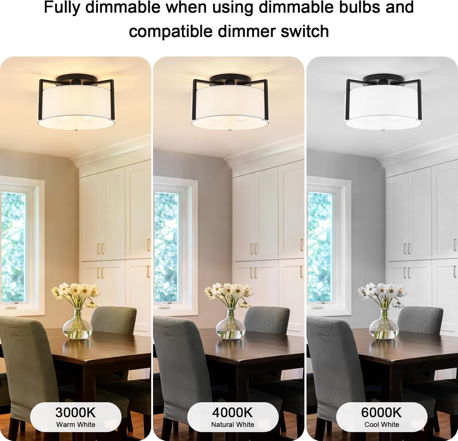 15" Semi Flush Mount Ceiling Light, 3-Light Modern Kitchen Hallway Light Fixtures with Drum White Shade, Metal Close to Ceiling Lights for Entryway Living Room Bedroom Dining Room Foyer, Black