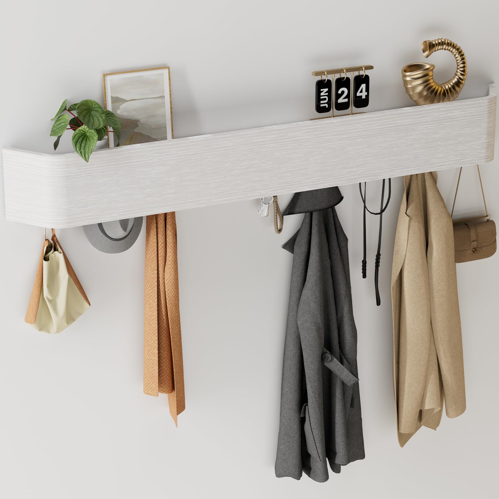Huracan Porte-manteau mural moderne en bois de chêne - 88 cm - Avec crochets cachés - Porte-manteau minimaliste - Pour couloir, chambre à coucher, entrée - Blanc