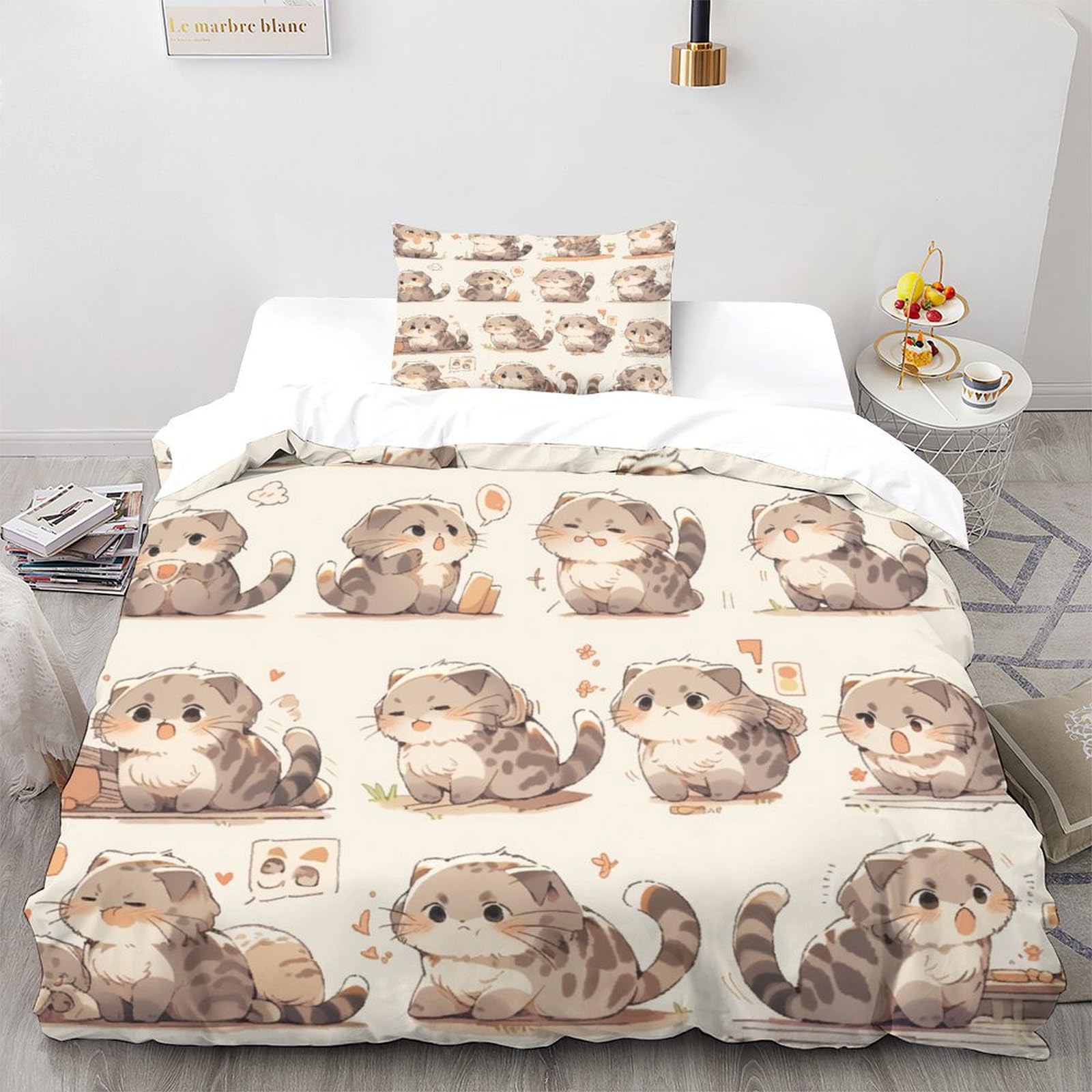 Housse de couette Scottish Fold chat mignon 3D en microfibre 135x200cm pour lit simple