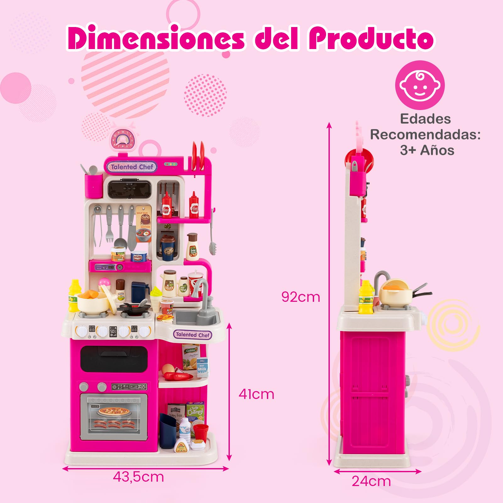 GOPLUS Cocina de Juguete para Niños, Cocinita Infantil con Fogones, Frigorífico, Microondas, Fregadero, Grifo, Vapor, Sonido y Luz, Juego de rol con 54 Accesorios para Niños de 3+ Años (Rosa)