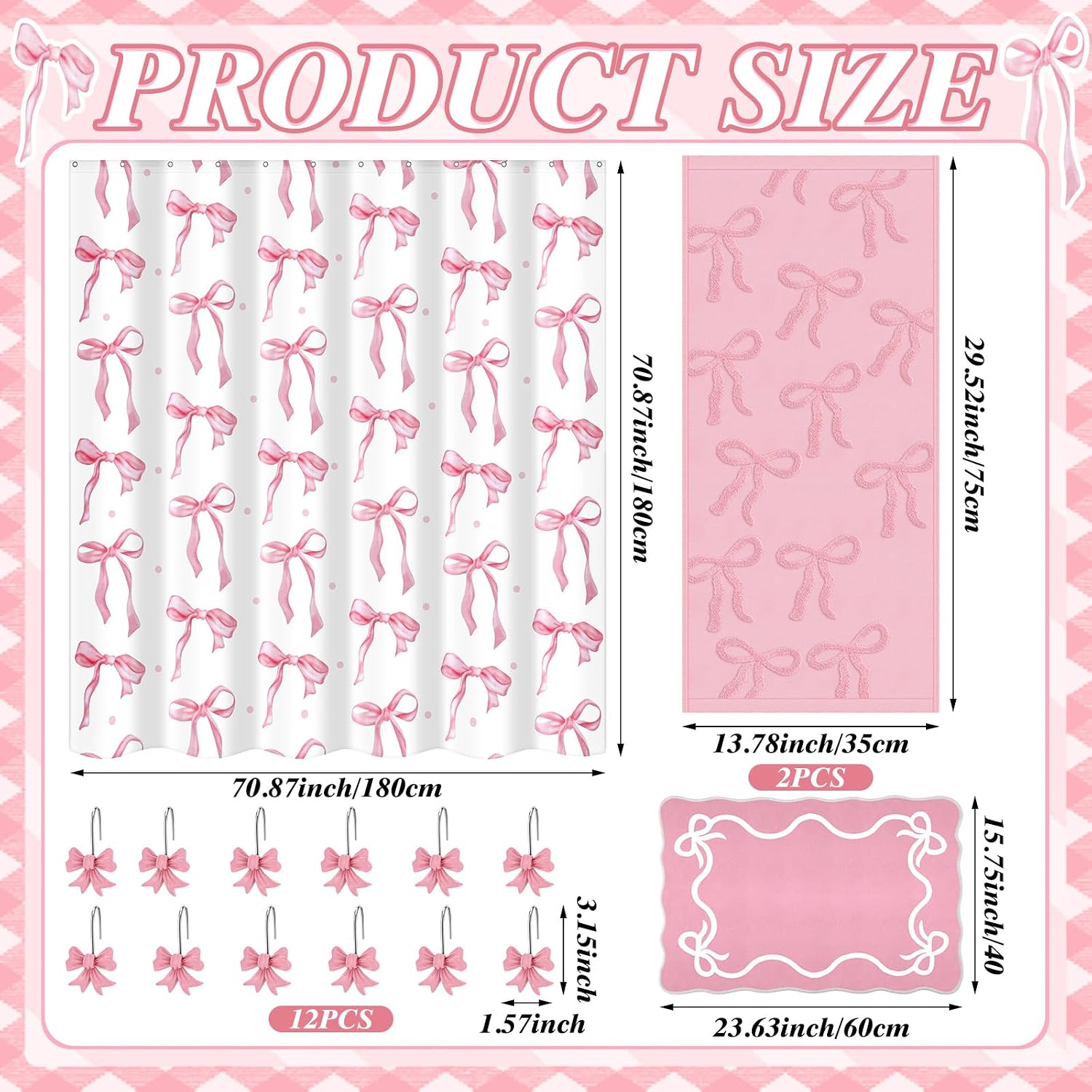16 Pcs Pink Bow Shower Curtain Set with Bow Knot Towels Rug and 12 Decorative Shower Curtains Hooks for Bathroom Decor Modern Aesthetic Bathroom Accessories