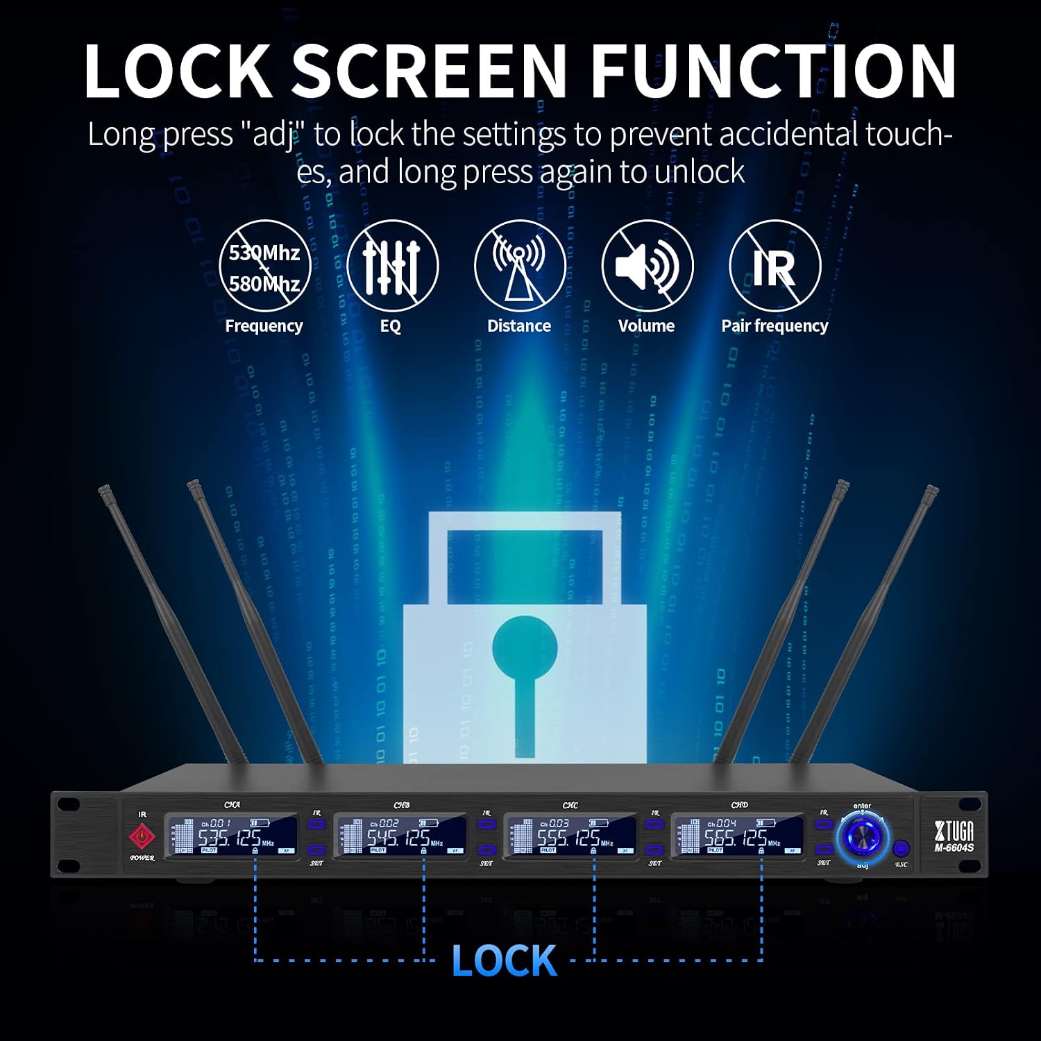 Receiver display showing a lock icon and various functions that can be locked, including frequency, EQ, distance, volume, and IR pairing.