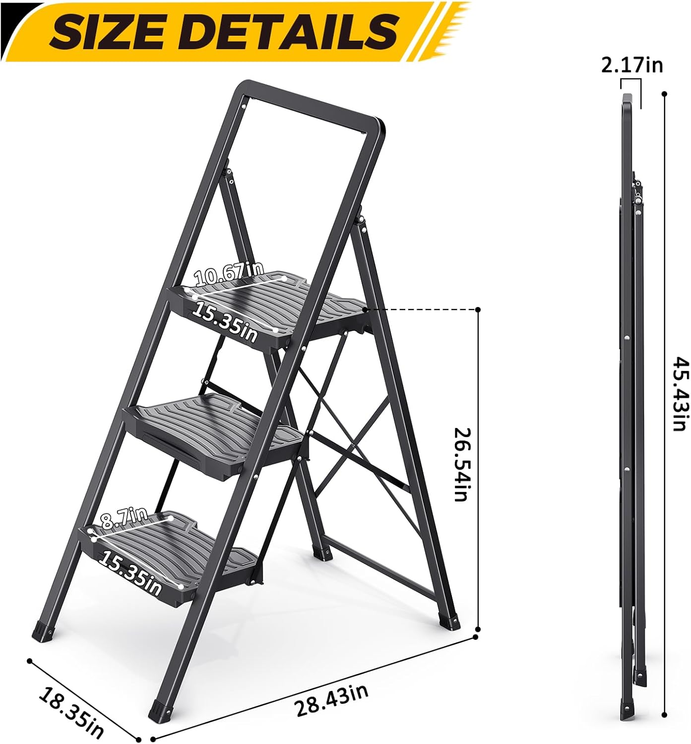 KINGRACK 3 Step Ladder, Folding Step Stool with Anti-Slip Wide Pedals, Handrail & Safety Lock, 800 lbs Capacity, Heavy Duty Steel Construction, Space Saving Portable for Home Kitchen - Black