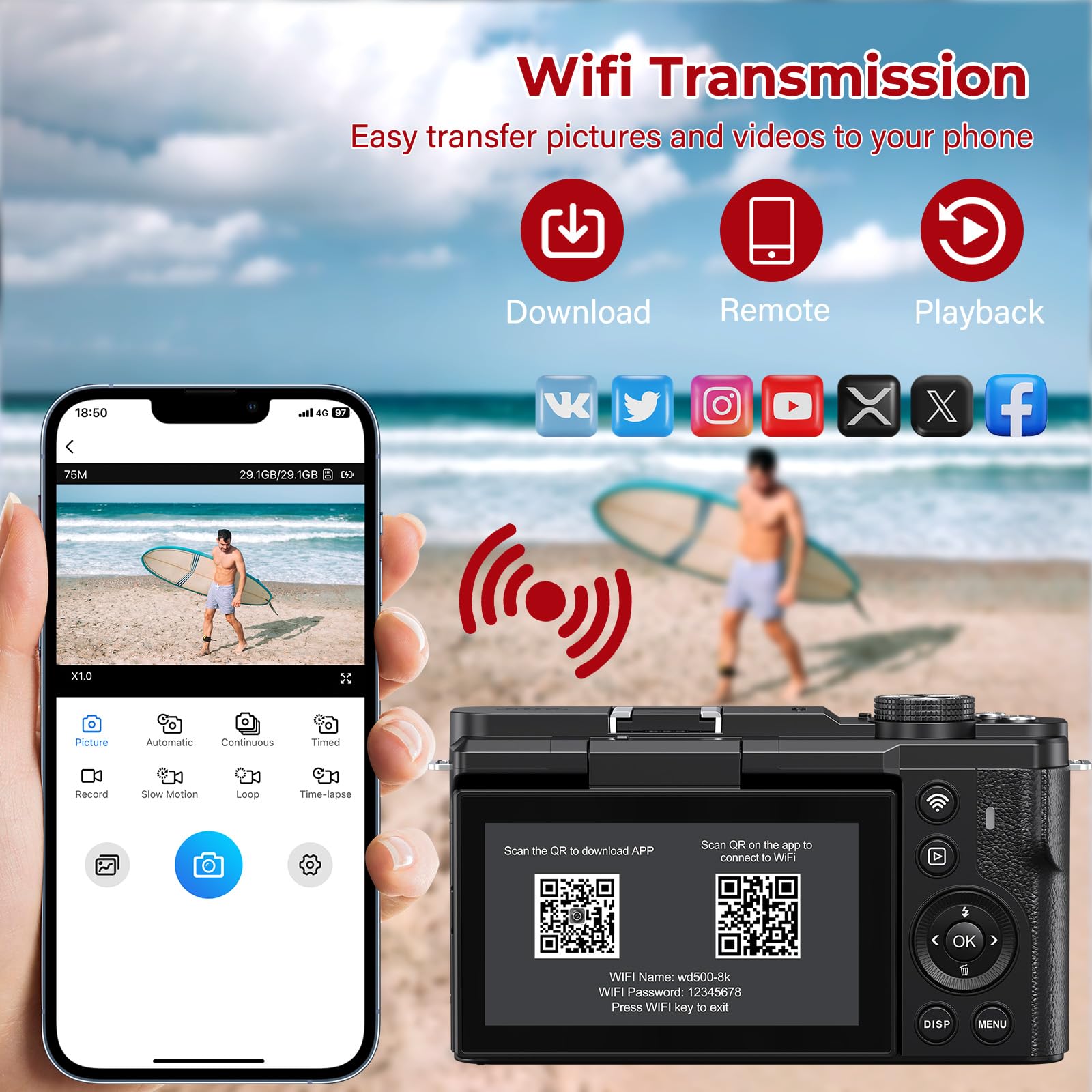 Fotocamera digitale 8K – Telecamera WiFi per fotografia 88MP – Autofocus Vlogging Camera per YouTube – Videocamera UHD per fotografi principianti con schermo flip da 3 pollici 180°, zoom 18x, paraluce