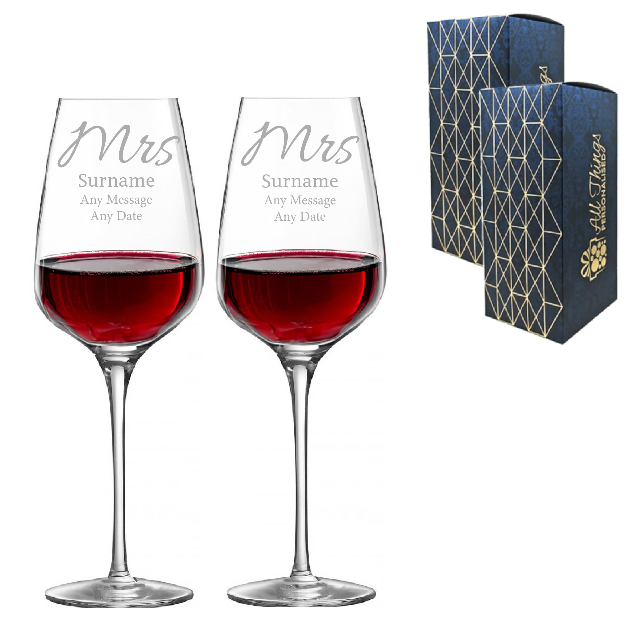Personalised Engraved Set of Mrs and Mrs Wine Glass Set, Lesbian Wedding, Gift Boxed, Anniversary or Wedding Gift, Two 15.8oz/450ml Sublym Wine, Elegant Font Design, Engraved in The UK