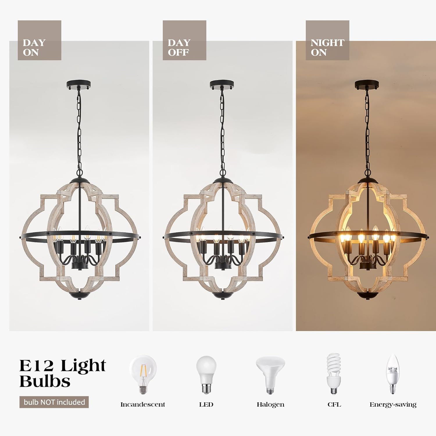 6-Light Farmhouse Wood Pendant Light,22.83'' Vintage Rustic Light White Wood Chandeliers,Retro Industrial Hanging Light Fixtures for Dining Room Entryway, Bedroom
