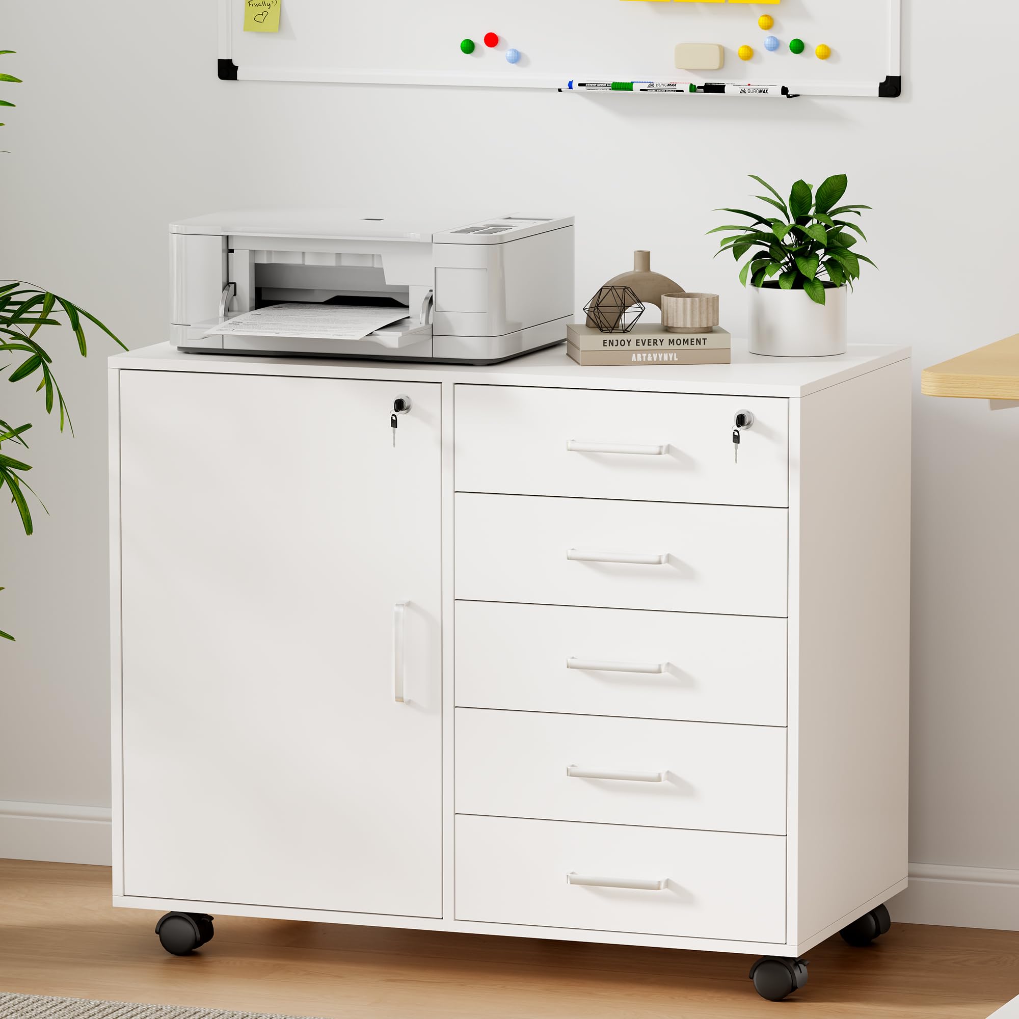 BEWISHOME Armadietto per Documenti con 5 Cassetti, Mobile ufficio con chiave, Cassettiera Ufficio con Ruote, Armadio ufficio con 3 Ripiano Regolabile, Manico in metallo, 78x40x65,5 cm, Bianco EBWG01W