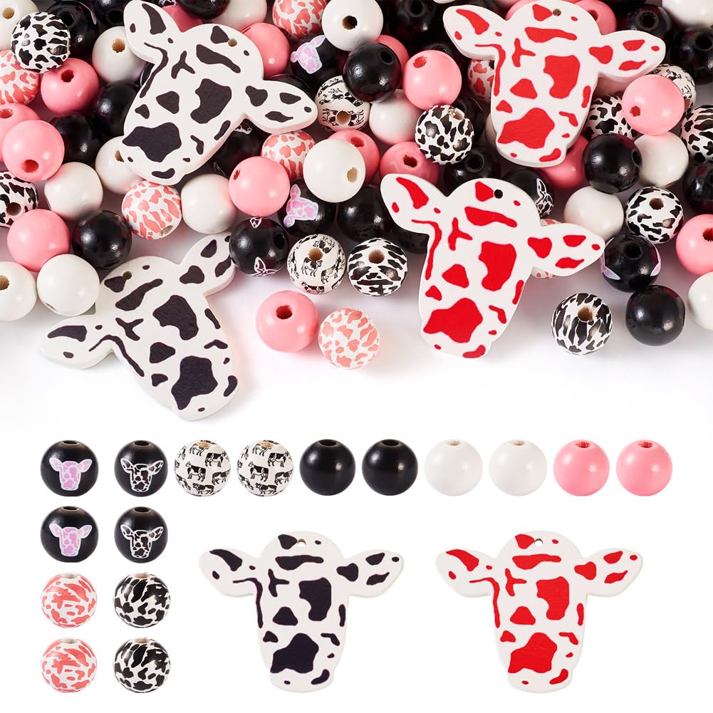 Cheriswelry 133Pcs Spray Painted Natural Wood Beads Printed Cow Round Wooden Beads Cattle Head Wood Beads for Craft Jewellery Making Hole: 2.5~4mm