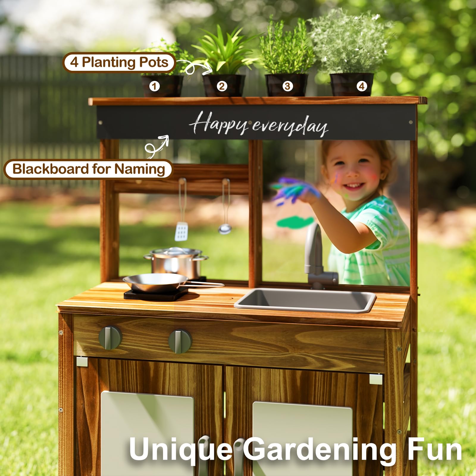HOMASIS Cuisine d'extérieur en bois, cuisine jouet pour enfants combine cuisine et jardin, cuisine éducative avec tableau blanc, panneaux acryliques, évier et robinet pour enfants à partir de 3 ans