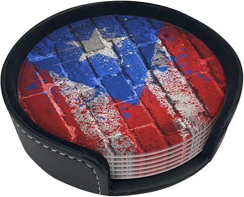 Miniatura 9 de Paquete de 6 posavasos con bandera de Puerto Rico para bebidas con soporte, divertidos posavasos de cuero retro impermeables antideslizantes para