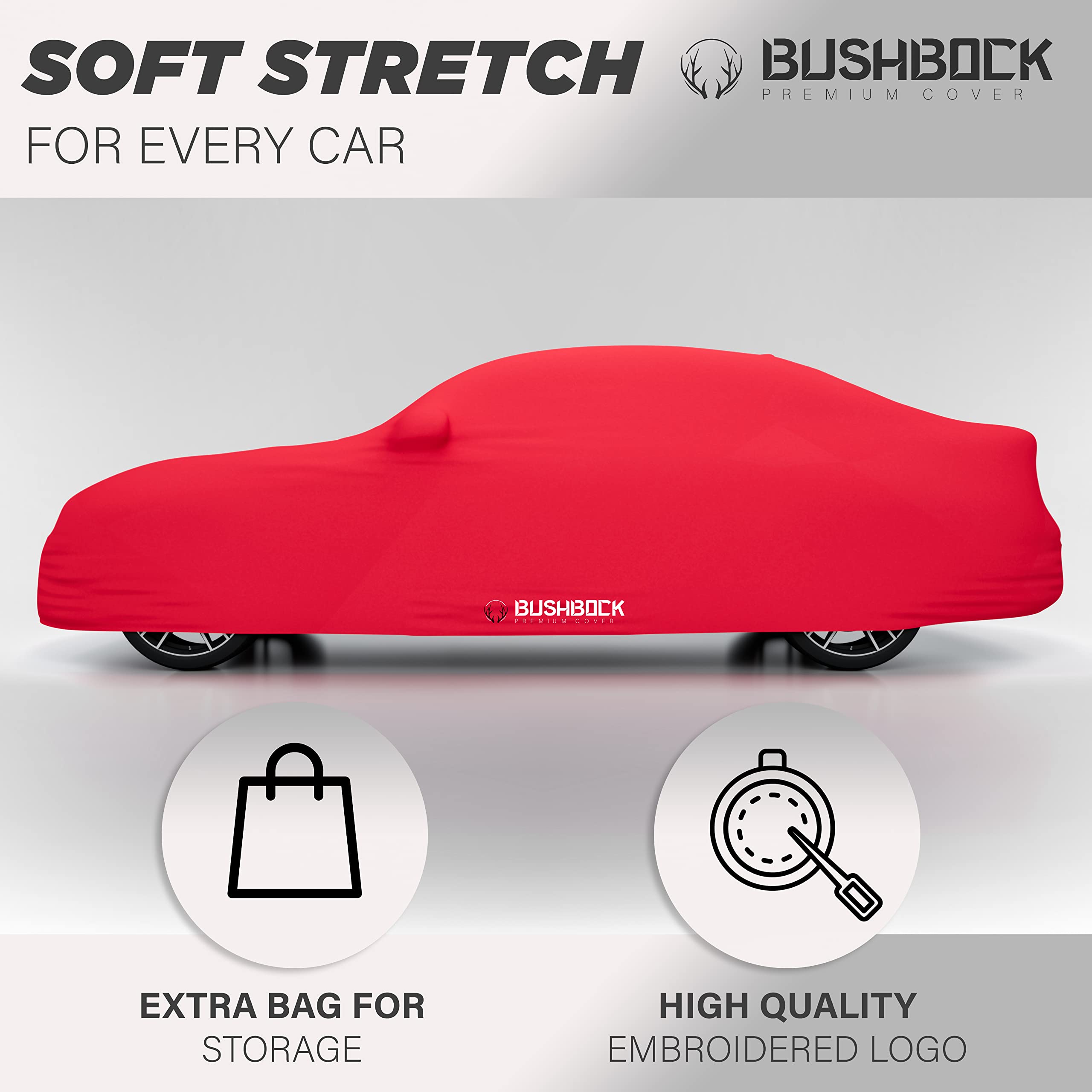 BUSHBOCK Premium Copertura per auto da interno compatibile con tutte le principali Car, Tessuto Elastico, Traspirante e Antipolvere, Morbido al Tatto (M, Rosso)