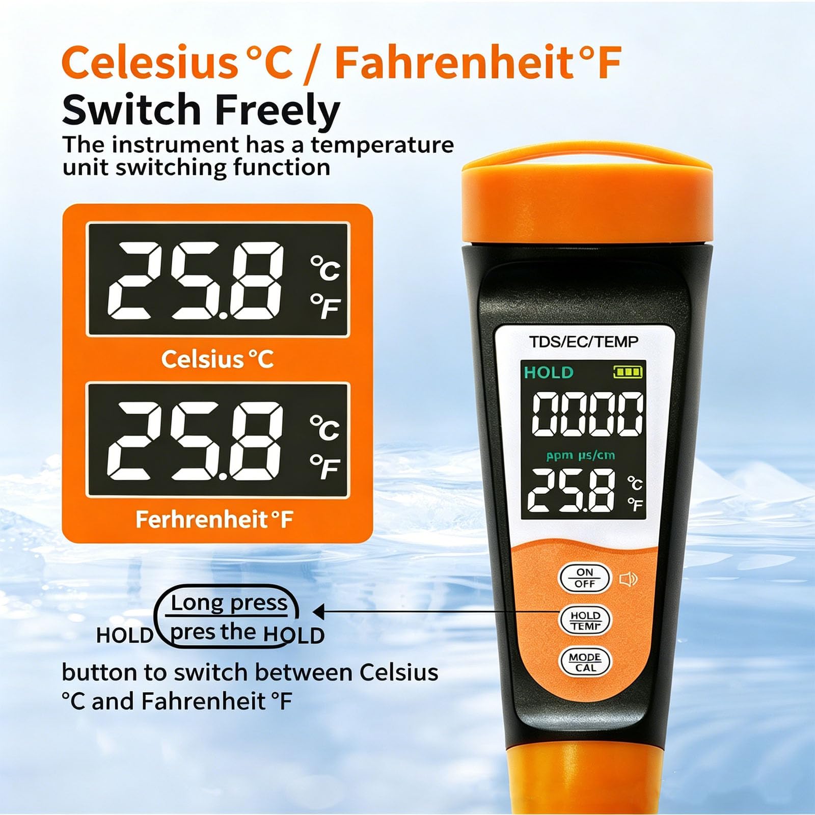 Tester digitale dell'acqua, 3 in 1, rilevatore di qualità, misuratore di temperatura Tds Ec con funzione vocale multifunzione, per acquari idroponici