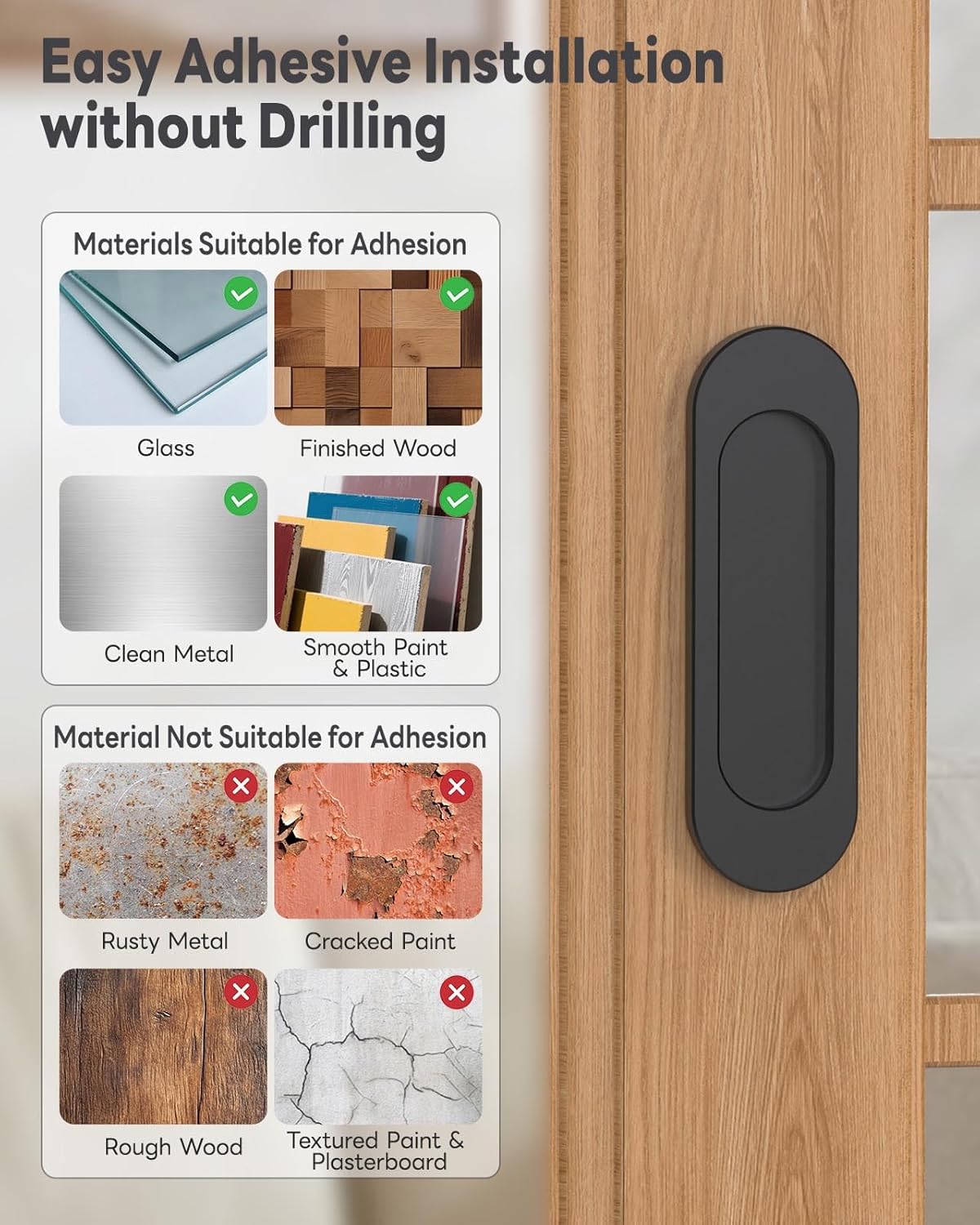 8 Pack Self-Stick Door Handles, 4 Inch Aluminum Alloy Self Adhesive Flat Finger Pulls, No Drill Cabinet Knobs for Drawer, Sliding Glass/Barn/Closet/Balcony Doors (8, Black)