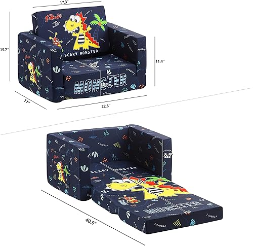 Miniatura 3 de Ulax furniture Sofá para niños, sofá convertible 2 en 1 para tumbona para niños, sofá con temática de dinosaurio, silla para niños pequeños