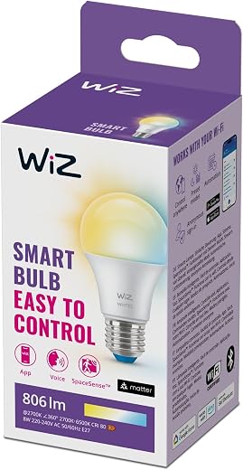 WiZ Smart Bulb, E27, 60W, Shades of White, Smart LED Connected WiFi Works with Alexa, Google Assistant &amp; HomeKit, App Cont...