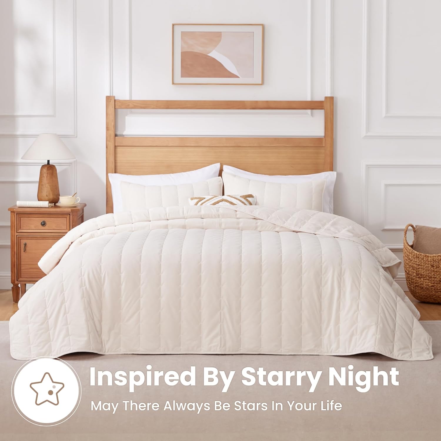 Sophia & William Cashmere Quilt King Size,Striped Bedding Set,Lightweight Coverlet,Super Soft Cashmere Feel Velvet Bedspread for All Season,Beige/Cream(1 Coverlet 108×92", 2 Pillow Shams 36×20")
