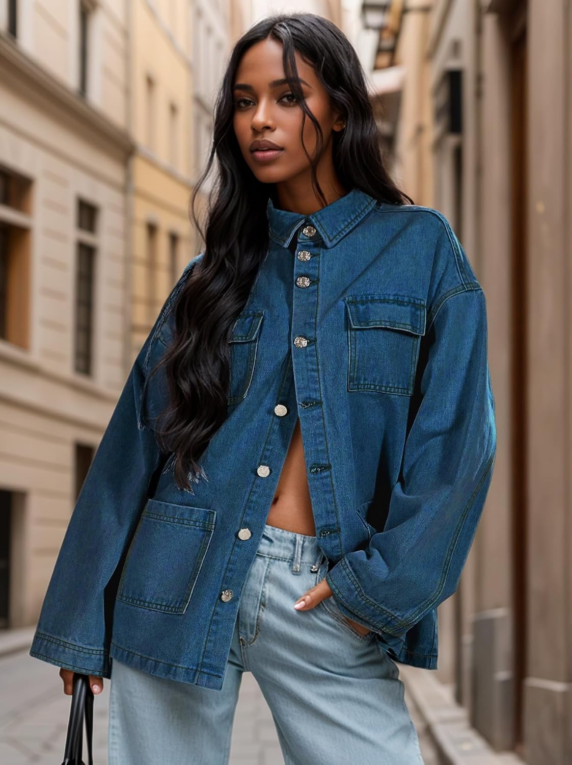 Jean Jacket Women 2025 Trendy Oversized Cargo Button Down Long Sleeve Casual Thick Denim Shacket Coat with Pockets - Image 2