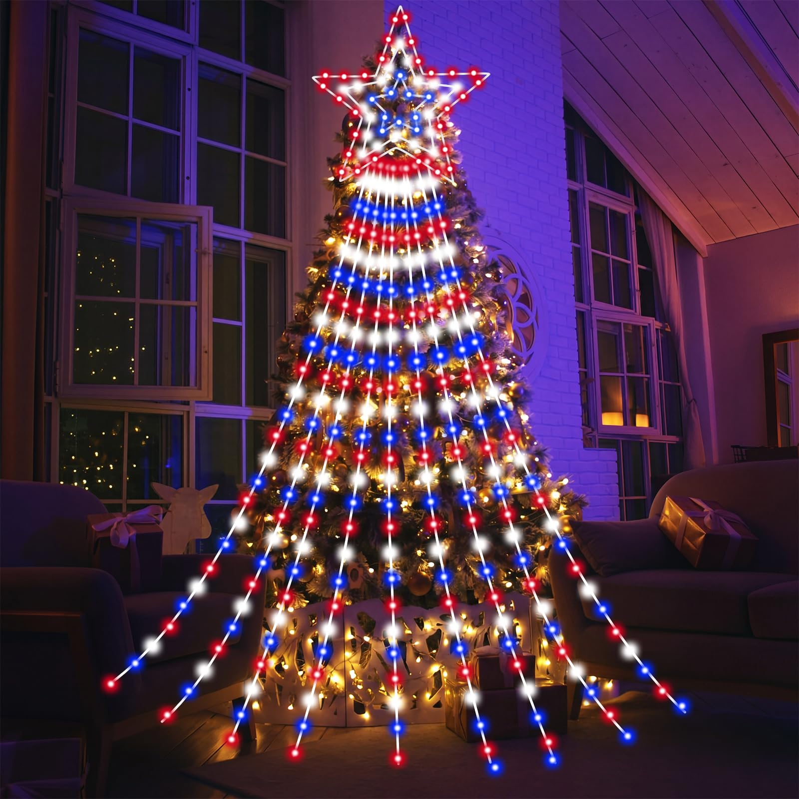Huquary Guirnalda de luces de cascada de estrella del 4 de julio de 12 pies, decoración del Día de la Independencia, rojo, blanco, azul, para exteriores, con 8 modos iluminados para fiesta patriótica