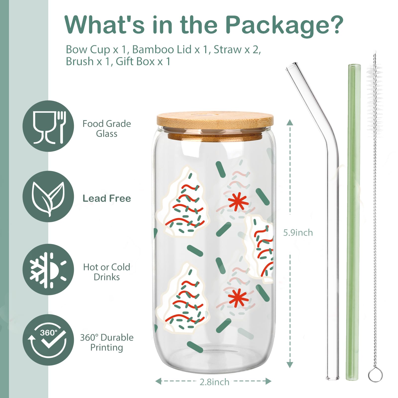 Christmas Tree Cup, Funny Christmas Gifts Stocking Stuffers for Women Teacher Sister Wife Coworker Friend Teen Girl Boy - Secret Santa Surprise Tumbler - 16oz Xmas Glass Mug with Gift Box & 2 Straws
