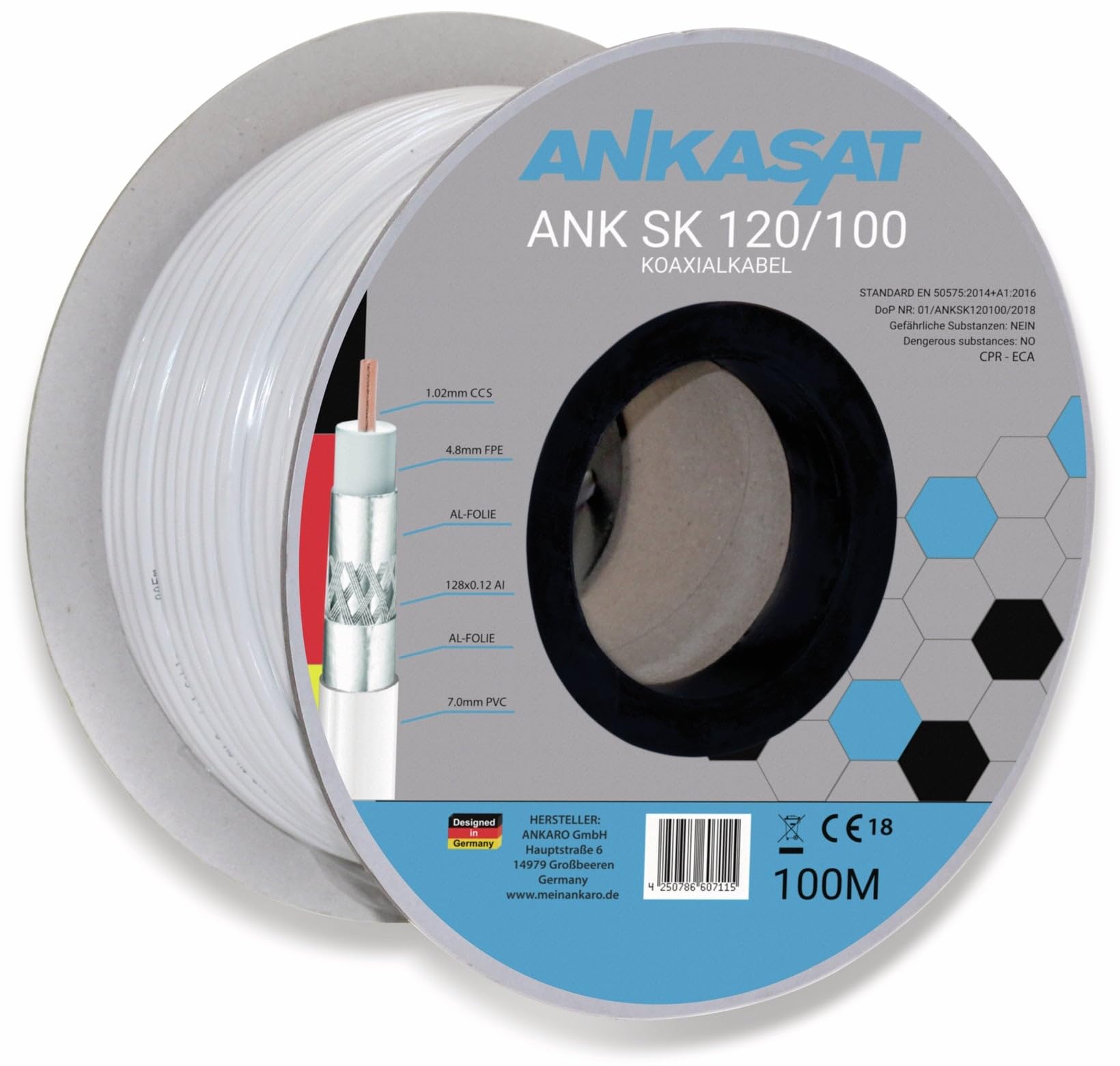 ANKARO Ankasat SK - Cable coaxial para satélite (120 dB, 100 m, CPR, 120 dB, apantallamiento triple, 100 m, acero y cobre, con impresión por metro), para DVB-S/S2, DVB-C, DVB-T/T2
