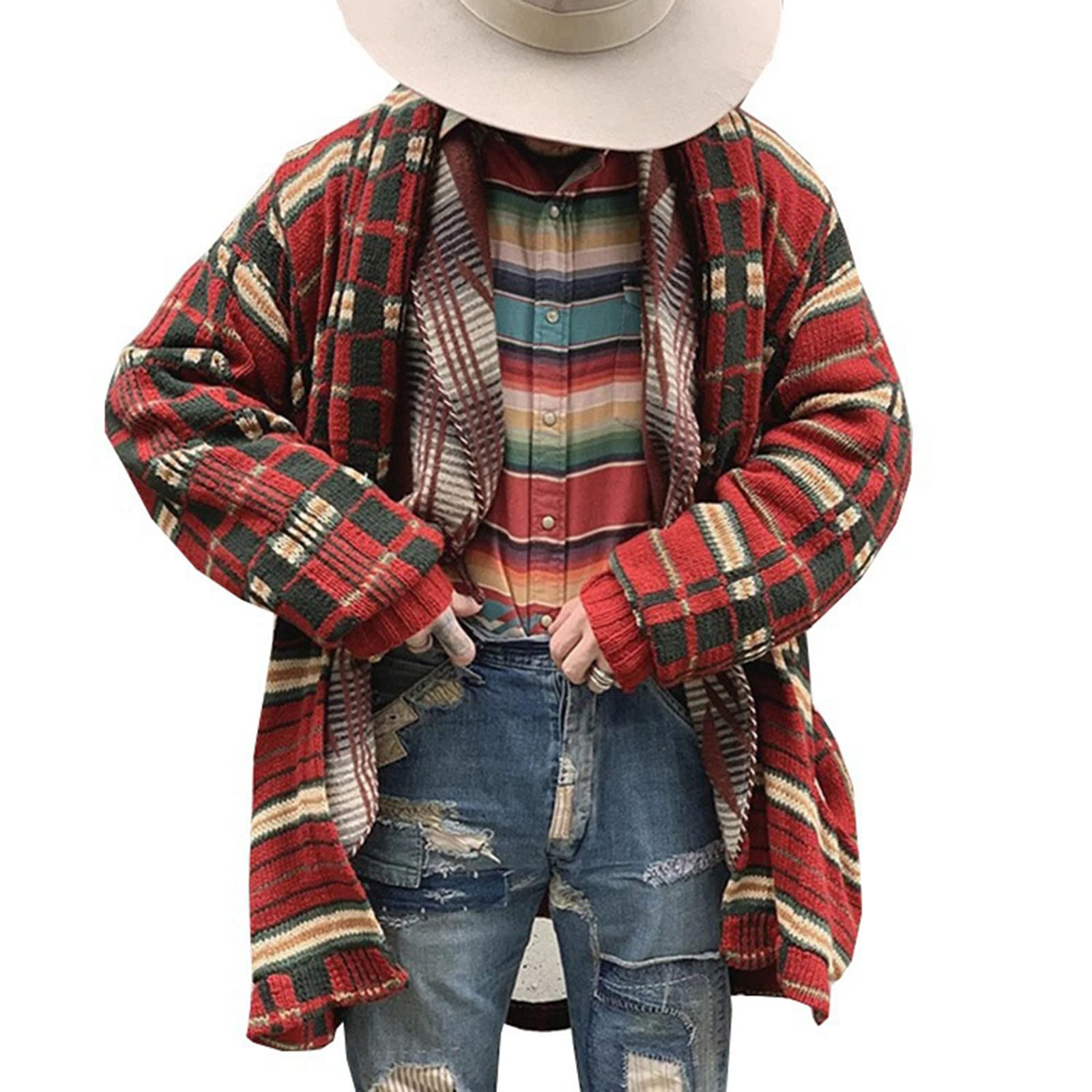 Cárdigan de Punto a Cuadros a la Moda para Hombre Chaqueta de suéter de Gran tamaño Suelta Larga
