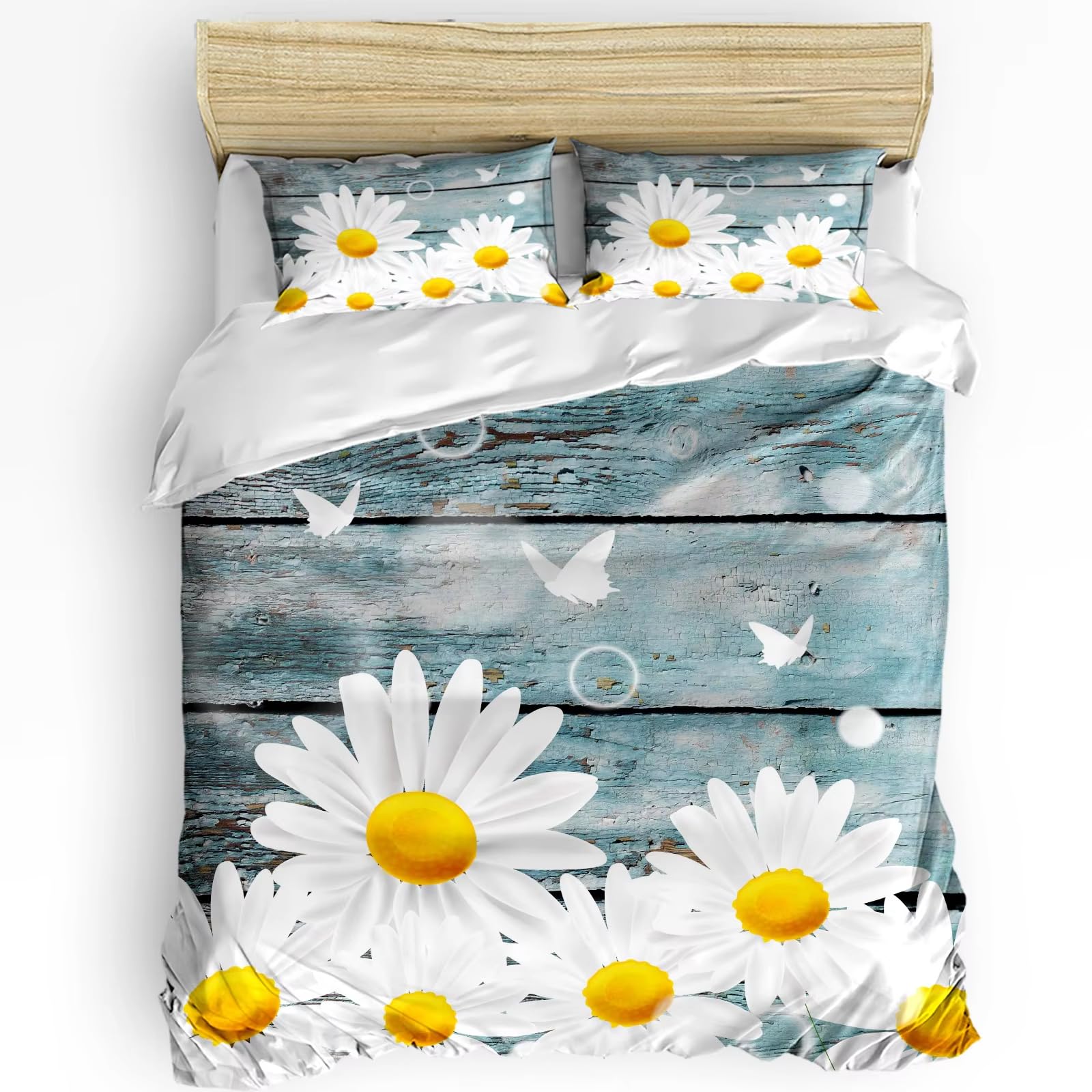 Housse de couette motif marguerite blanche et imprimé grain de bois 240x260