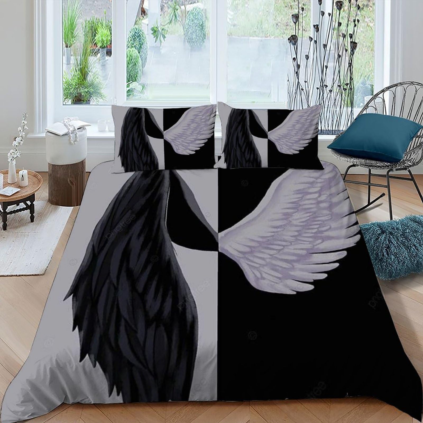 Housse de couette 3D motif noir et blanc ange démon pour lit king size 220x240cm